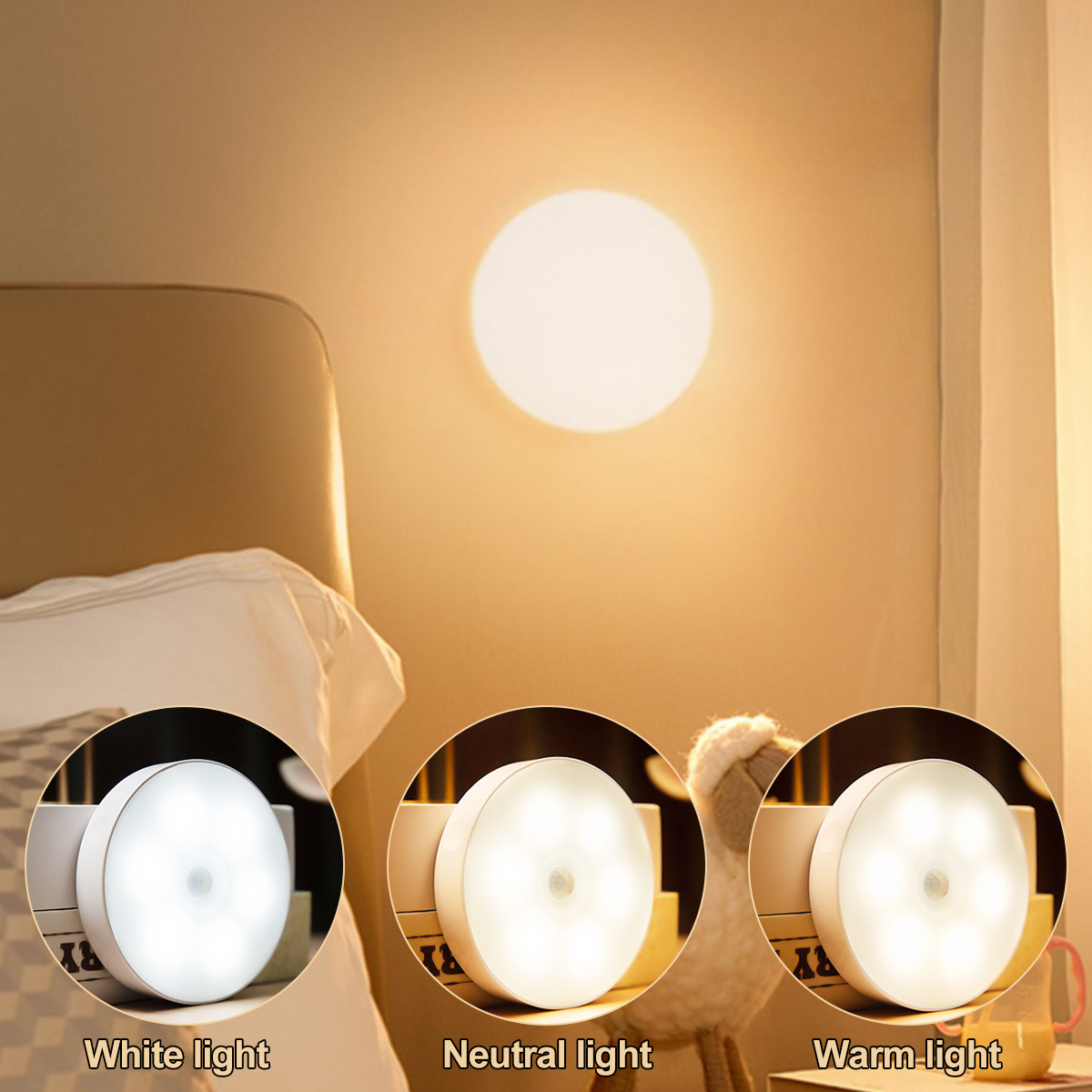Ein runder LED-Bewegungsmelder mit drei Lichtmodi: weiß, neutral und warm.