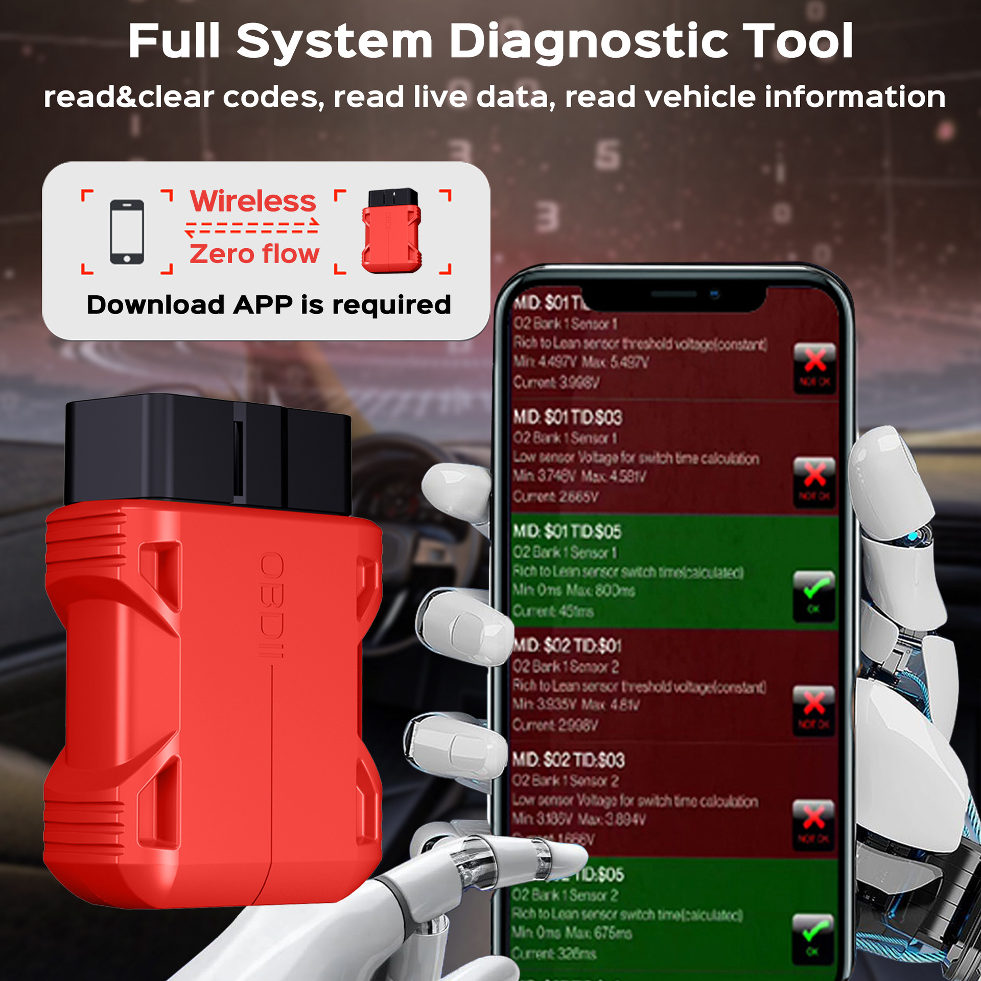 Ein roter OBDII-Scanner und ein Smartphone mit Diagnose-App auf einem Arm.