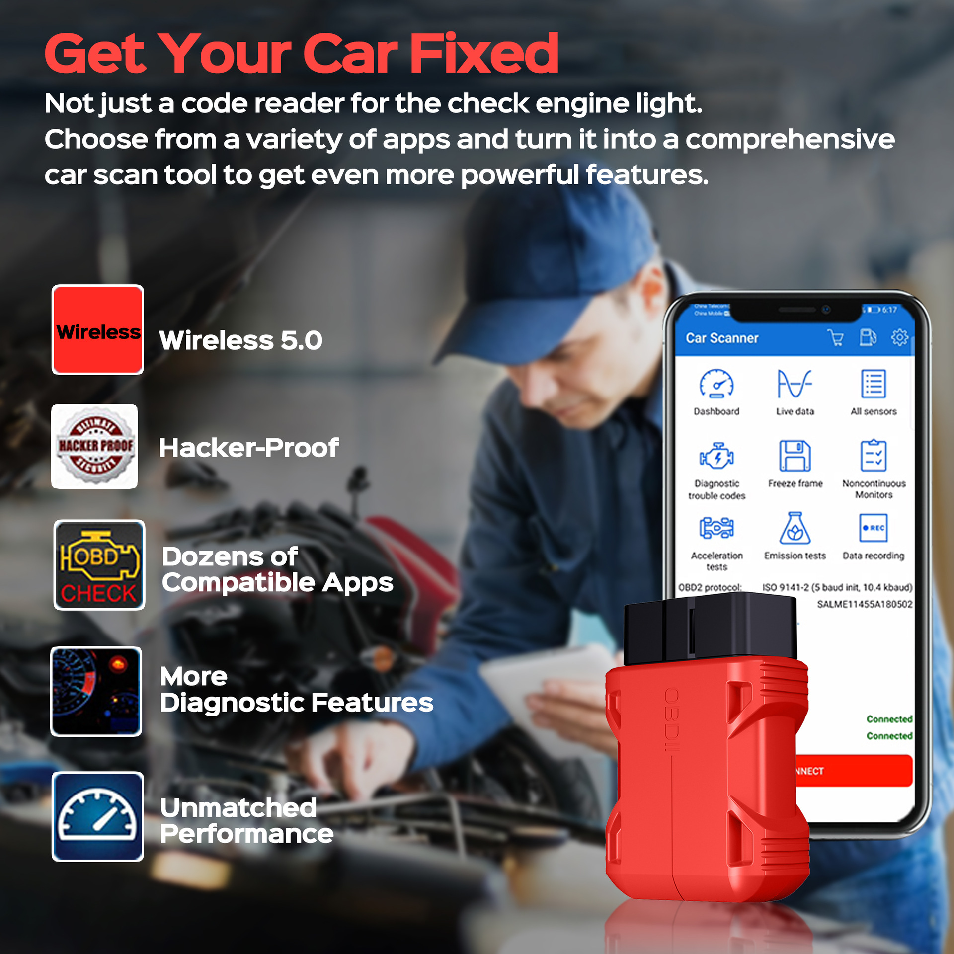 Rotes OBD2-Diagnosegerät neben einem Mechaniker und einem Telefon mit Diagnose-App.