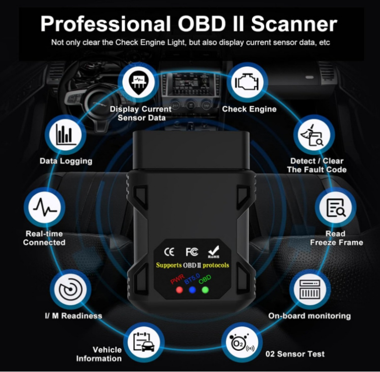 Professioneller OBD II Scanner im Auto: Funktionen wie Datenlogging, Echtzeitverbindung, Motorkontrollleuchte.