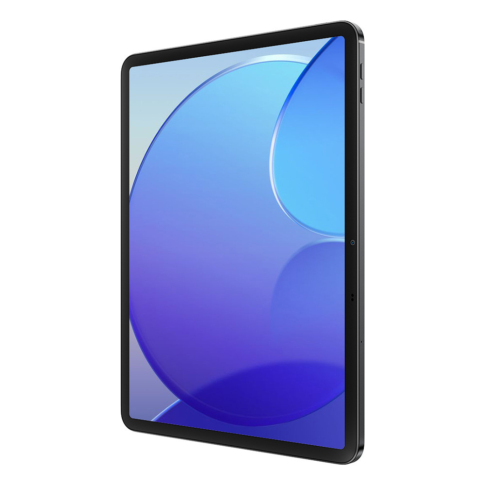 Ein dunkles Tablet mit blau-violetter Hintergrundgrafik, das auf weißem Hintergrund steht.