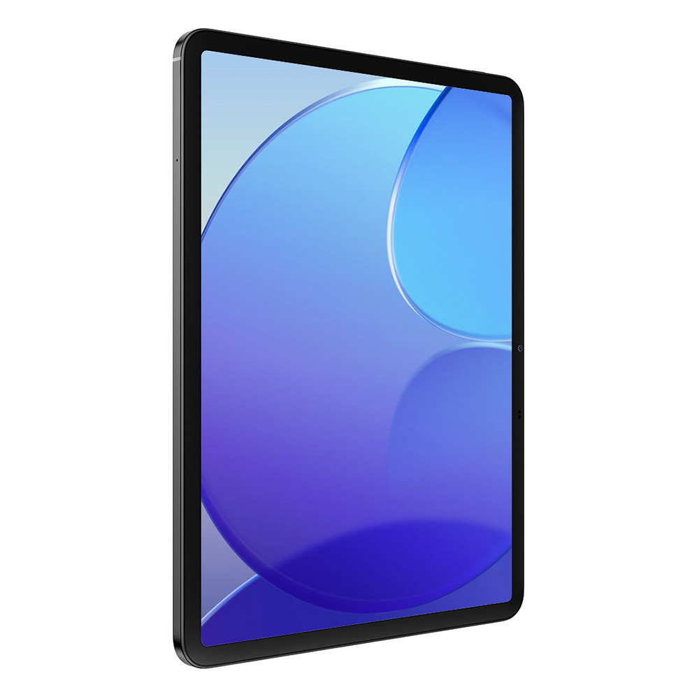Ein schwarzes Tablet mit einem blauen und violetten Hintergrundbild wird von der Seite gezeigt.