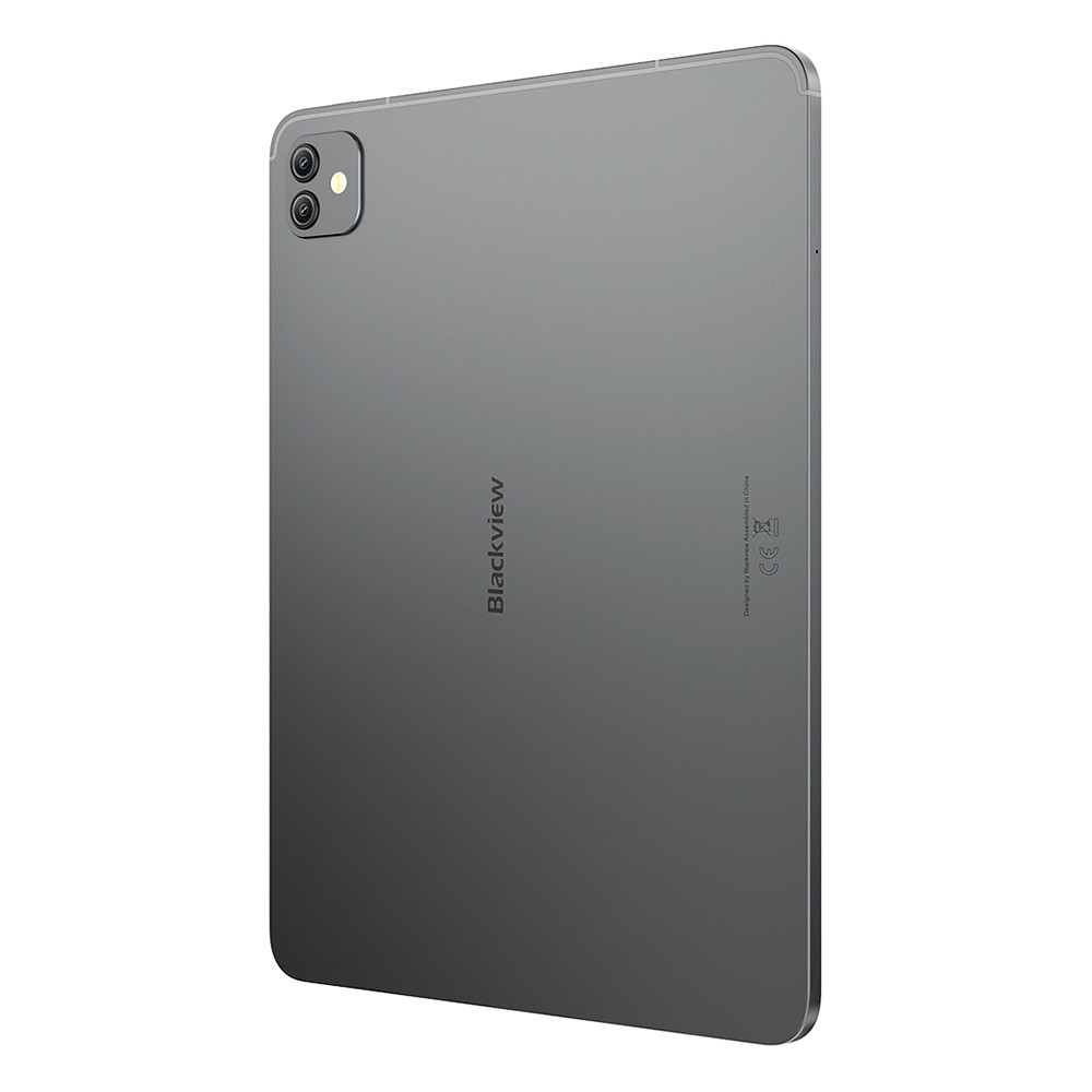 Rückseite eines grauen Blackview-Tablets mit zwei Kameras und Text.