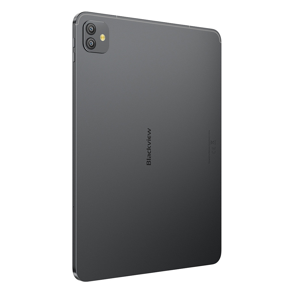 Dunkelgraues Tablet mit zwei Kameras auf der Rückseite und dem Blackview-Logo.