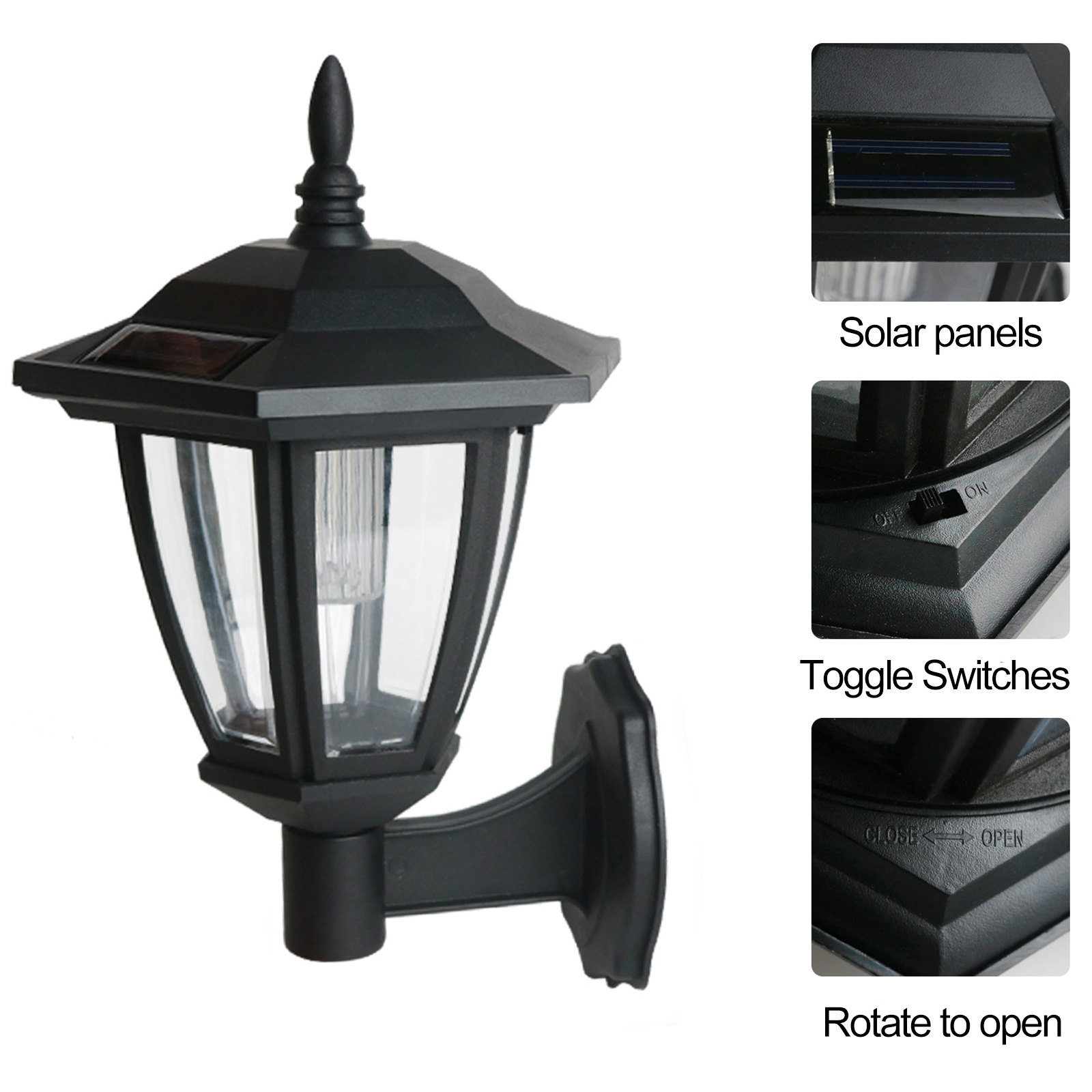 Schwarze Wandleuchte mit Solarpanel und Glasfenstern. Zeigt Schalter.