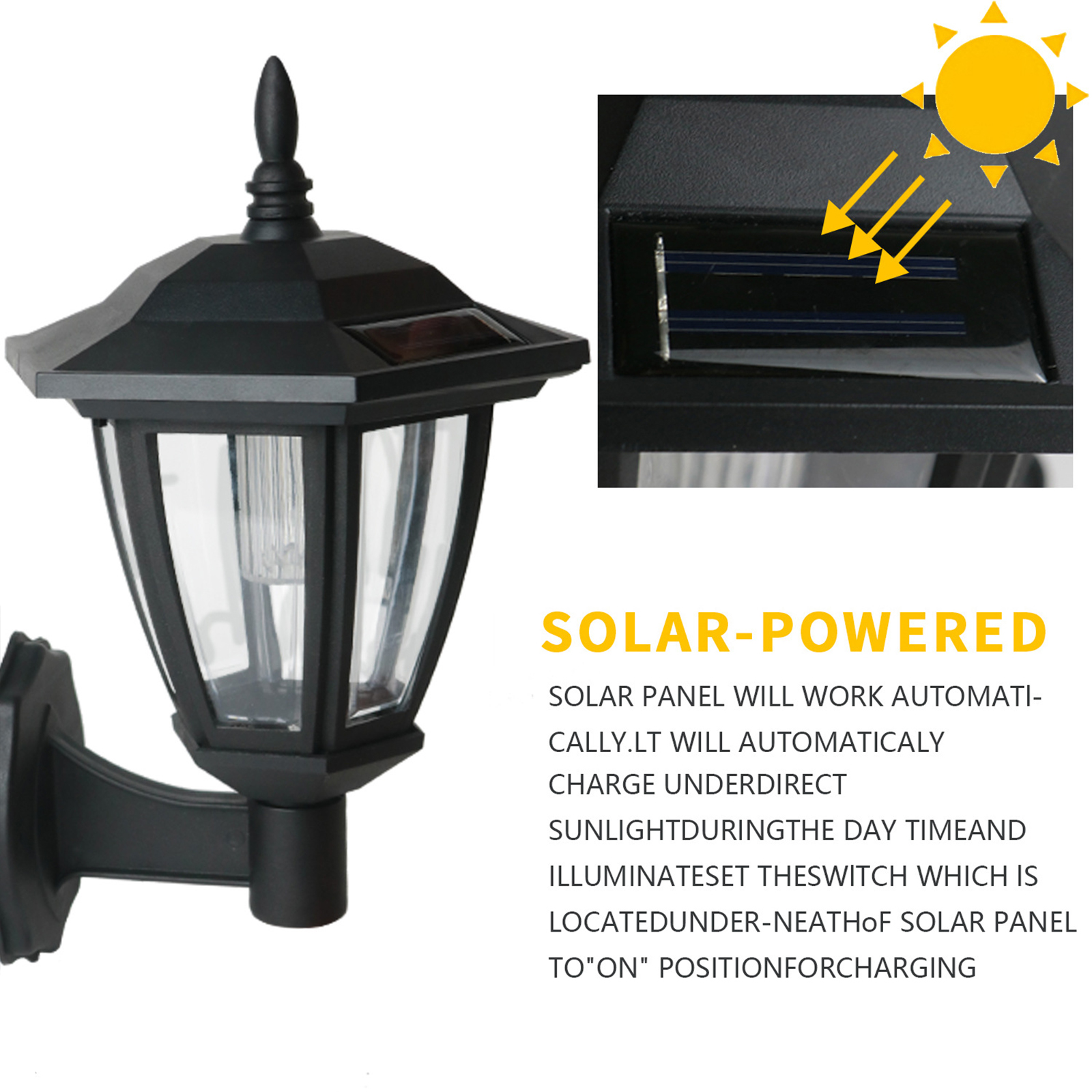 Schwarze Solarleuchte mit Glaseinsätzen und einem Solarpanel auf dem Dach.