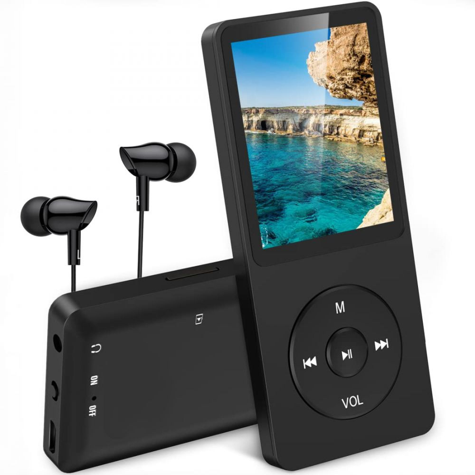 Schwarzer MP3-Player mit Kopfhörern und einem Bild eines Meeres mit Felsen.
