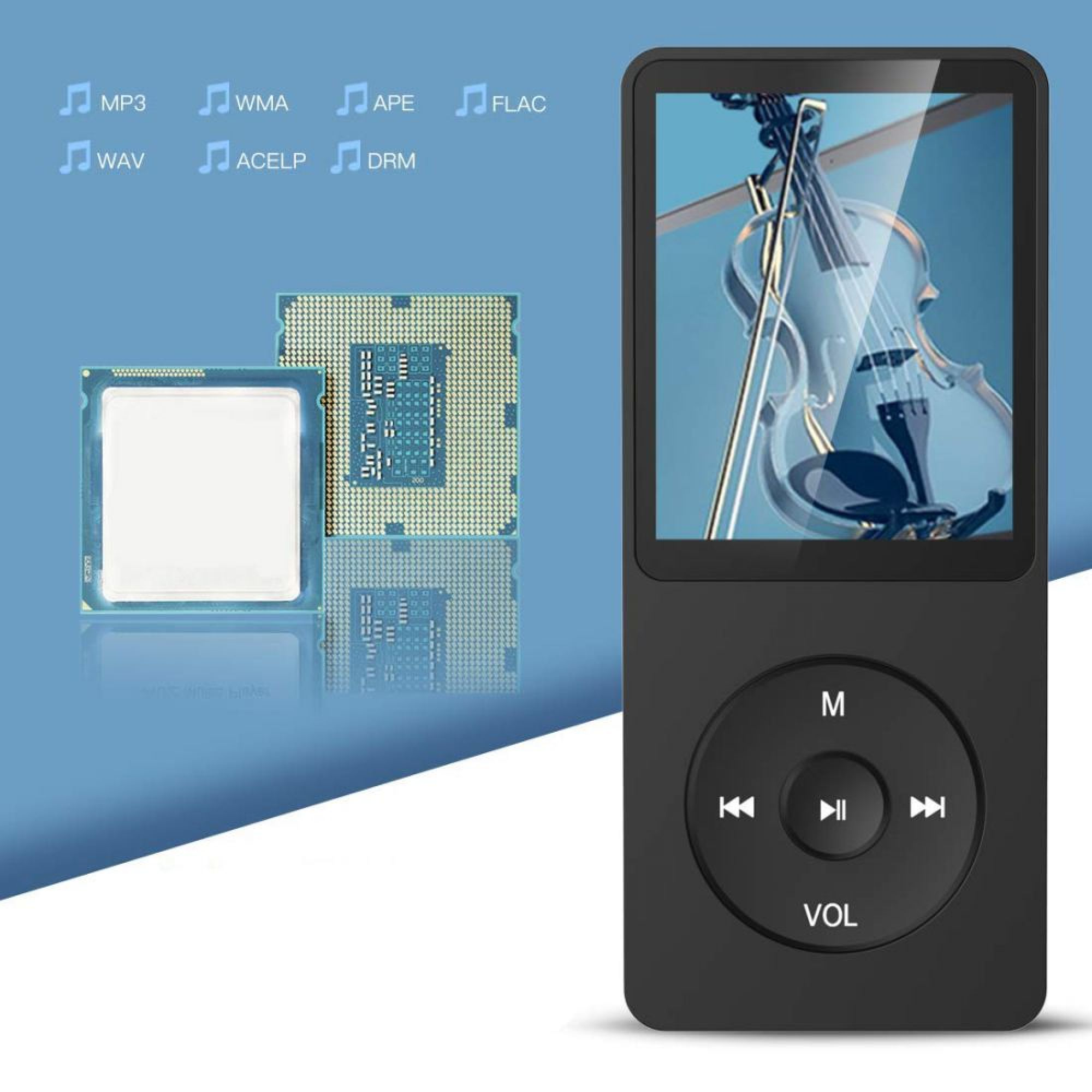 Schwarzer MP3-Player mit Geigenbild. CPUs und Formatlogos auf blauem Hintergrund.