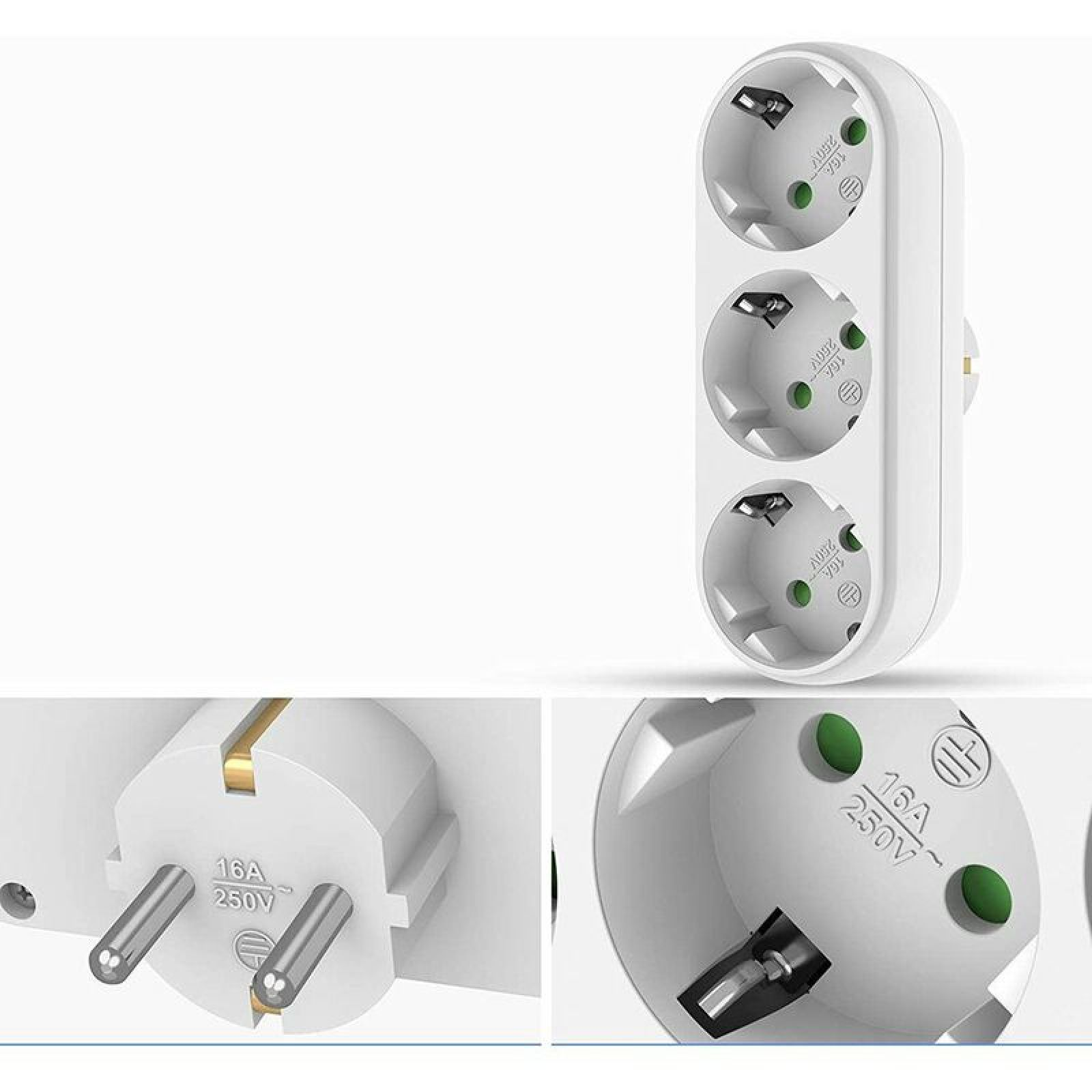 Ein weißer Mehrfachsteckdosenadapter mit drei Steckdosen und einem Stecker.