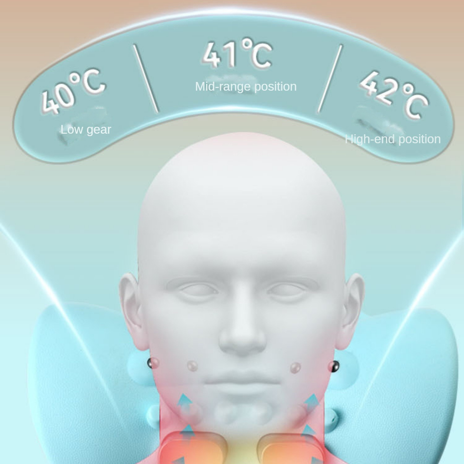 Ein Mann mit einem Nackenkissen, das Temperaturen von 40°C bis 42°C anzeigt.