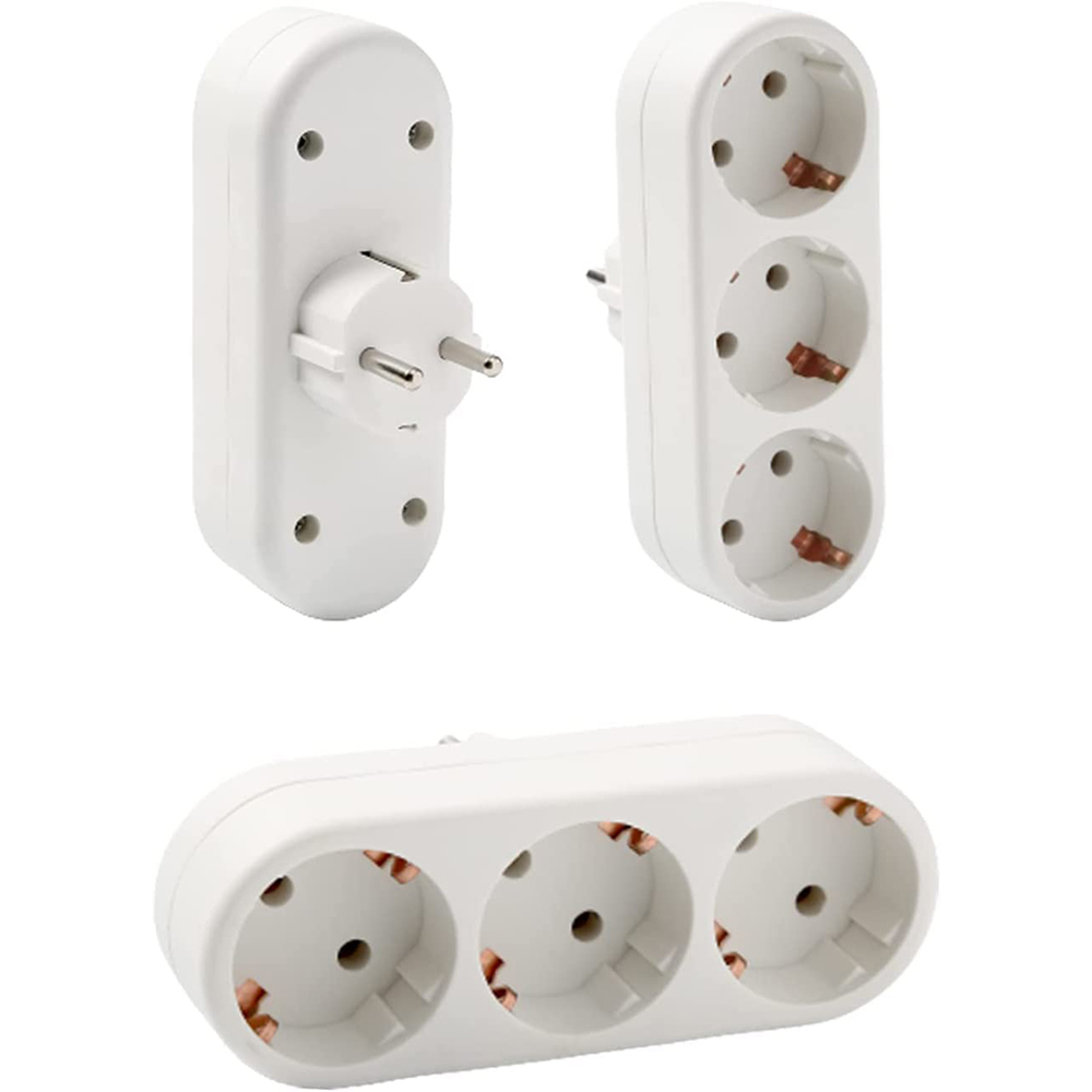Drei weiße Steckdosenadapter: ein Stecker und drei Buchsen, horizontal und vertikal.