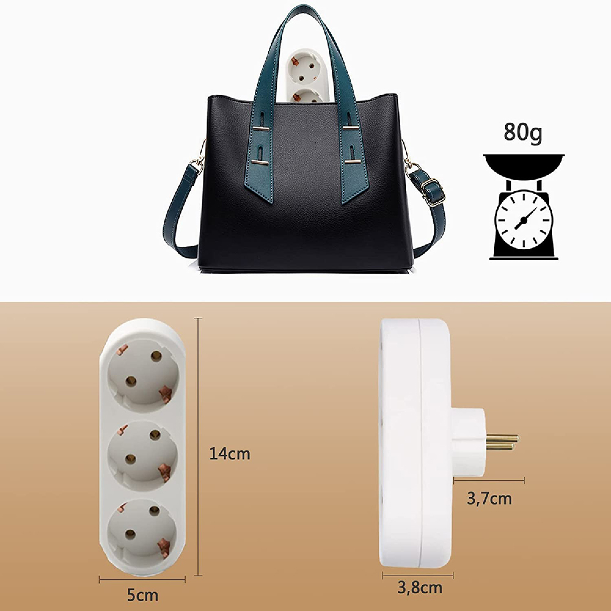 Schwarze Handtasche mit blauen Akzenten, daneben ein Mehrfachstecker und Waage.