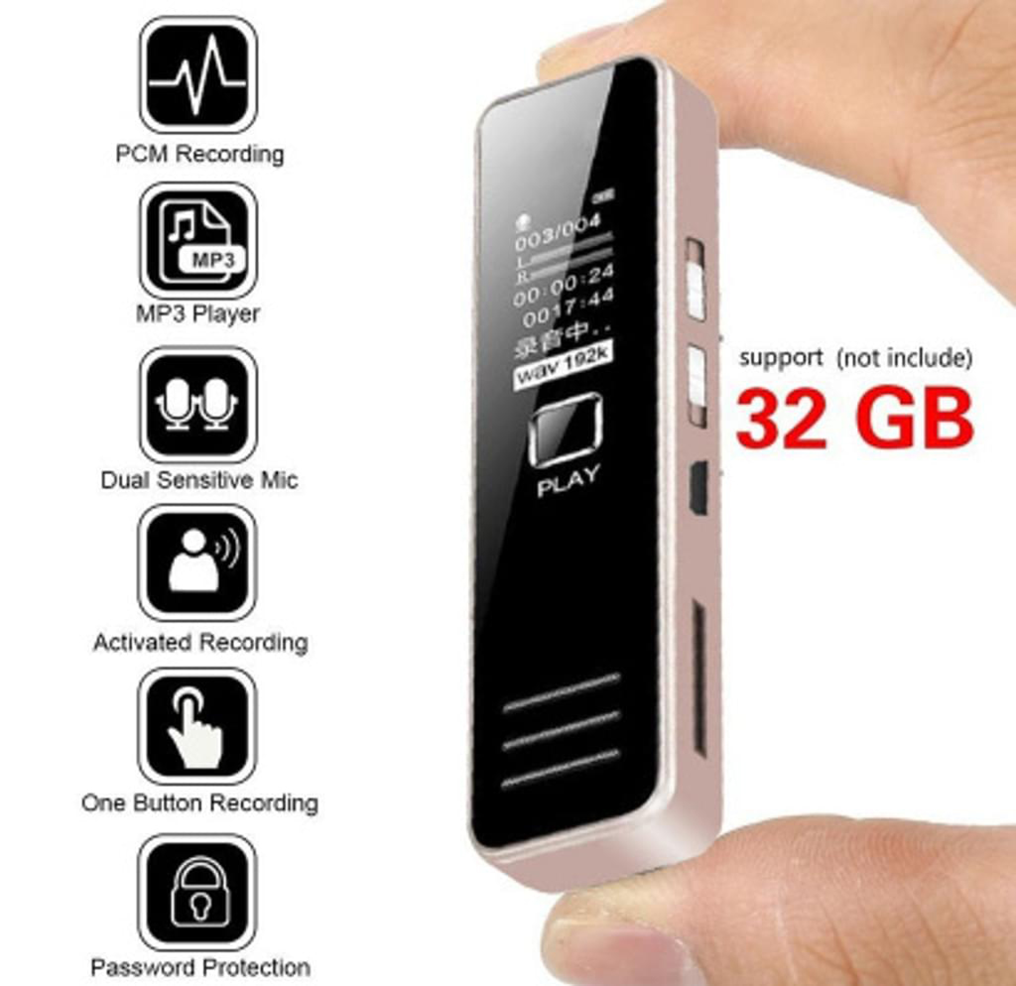 Ein Finger hält einen rosafarbenen digitalen Rekorder mit einem Bildschirm, der 32 GB Speicher anzeigt.