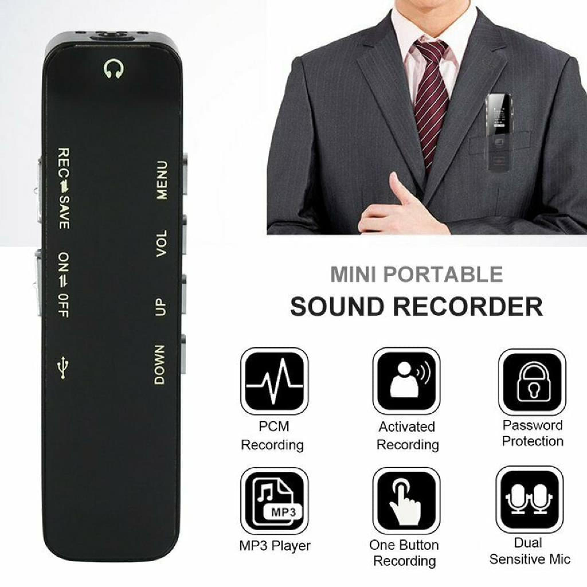 Schwarzer tragbarer Soundrecorder mit Bedienelementen und einem Mann im Anzug.