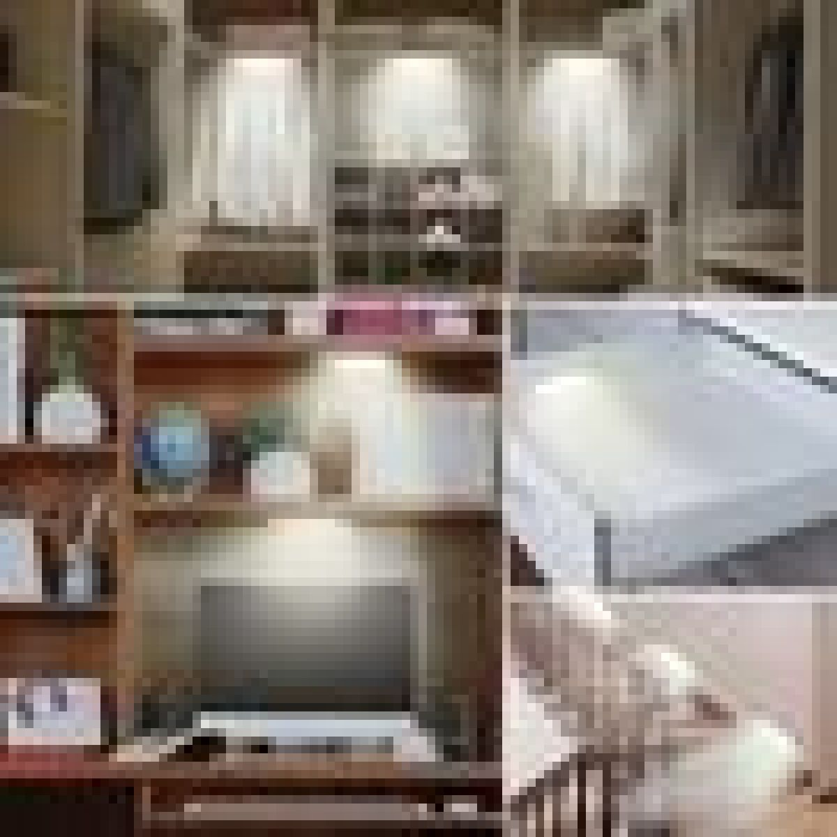 Collage aus Kleiderschrank, Bücherregal mit Fernseher und Bett.