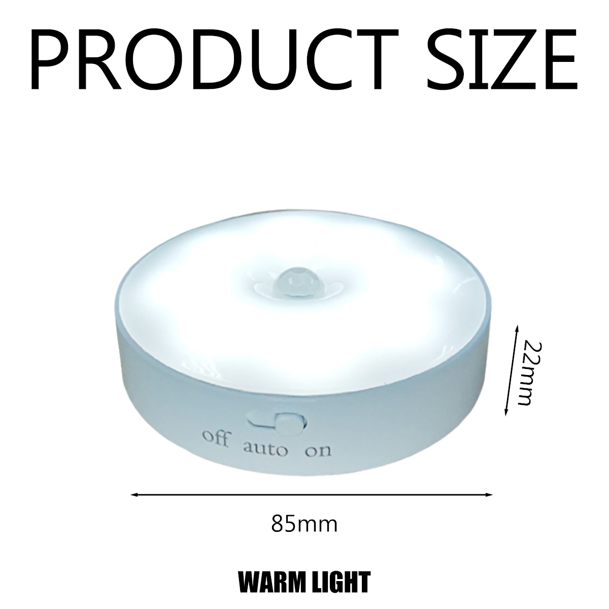 Rundes, warmes LED-Sensorlicht, 85mm breit, 22mm hoch, mit Aus/Auto/Ein-Schalter.