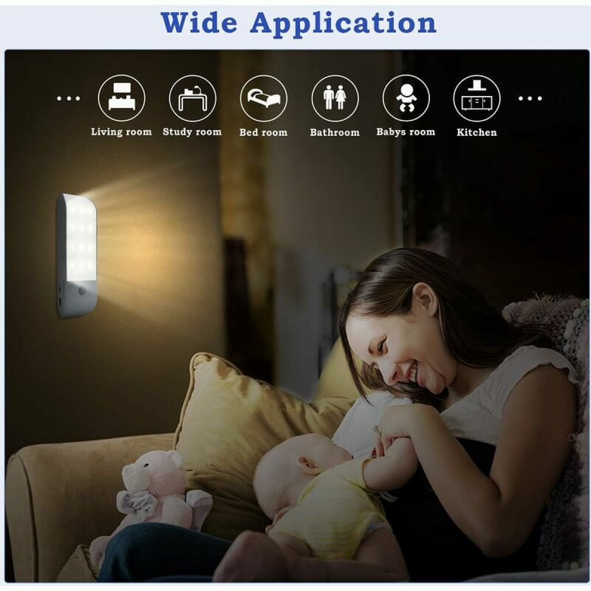 Nachtlicht an der Wand beleuchtet Mutter und Baby auf Sofa. Icons für breite Anwendung.