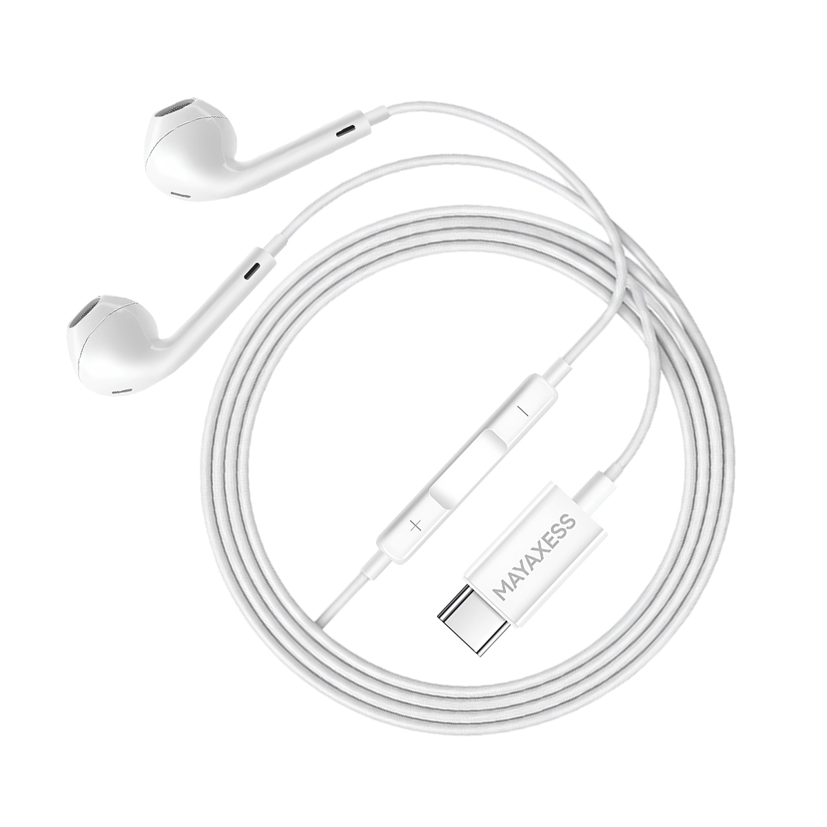 Auricolari bianchi con connettore USB-C e telecomando in linea su sfondo bianco.