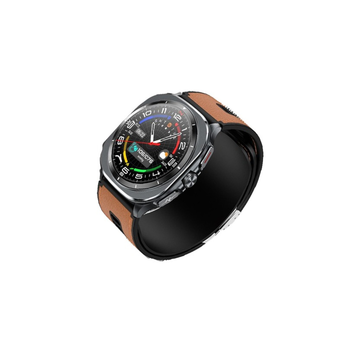 Eine Smartwatch mit braunem Lederarmband und einem digitalen Zifferblatt.