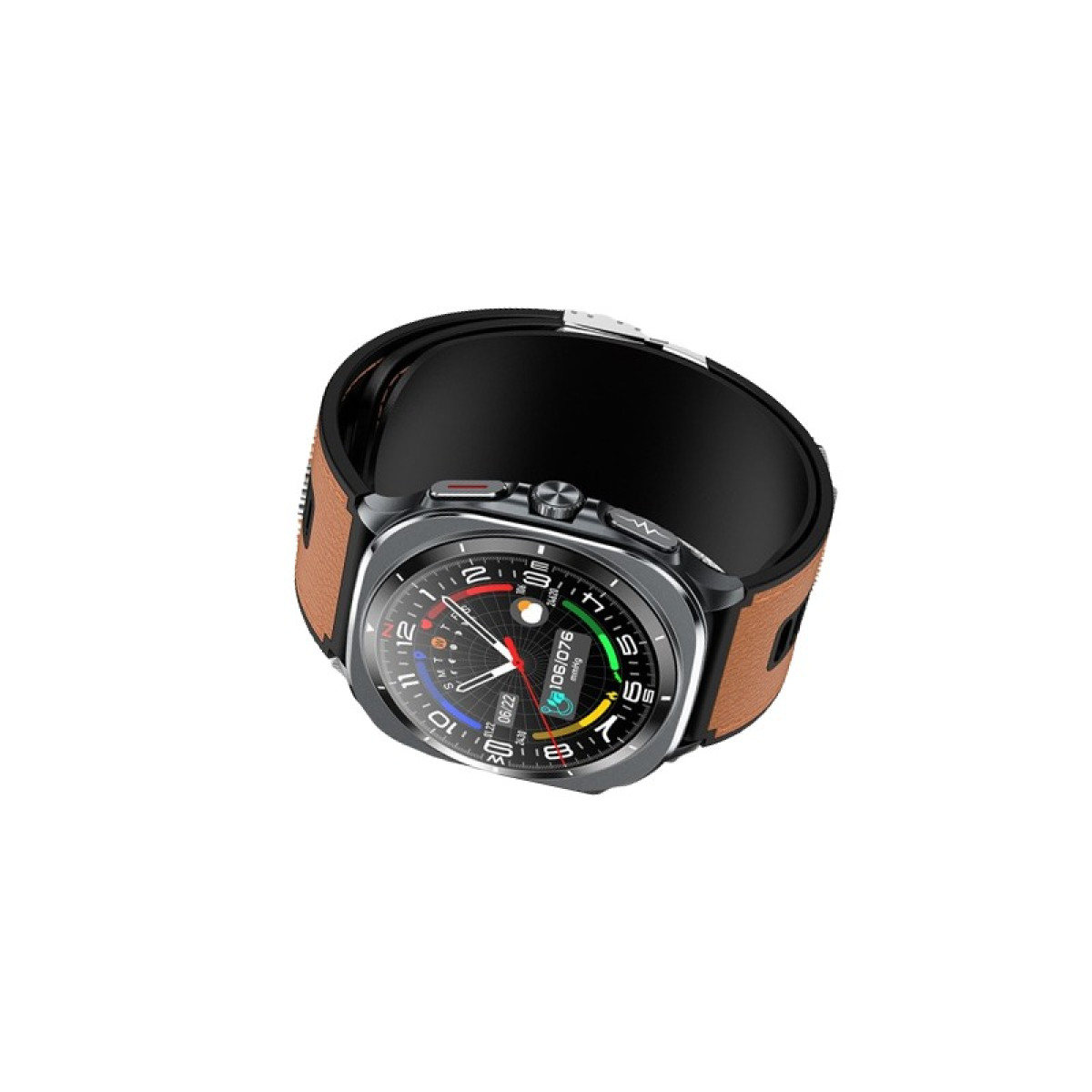 Eine Smartwatch mit braunem Lederarmband und rundem Zifferblatt.