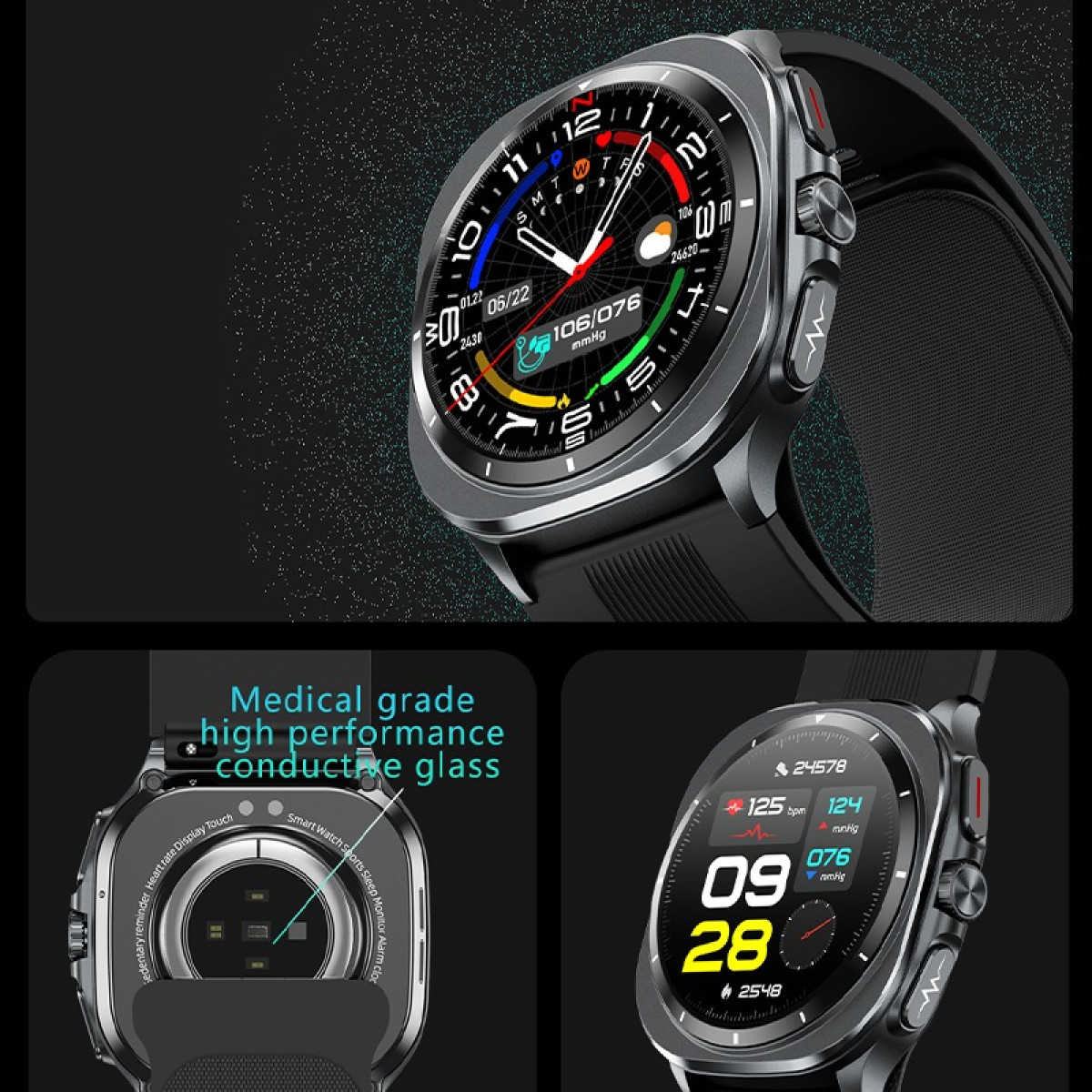 Eine Smartwatch mit schwarzem Armband zeigt Gesundheitsdaten wie Herzfrequenz und Blutdruck an.