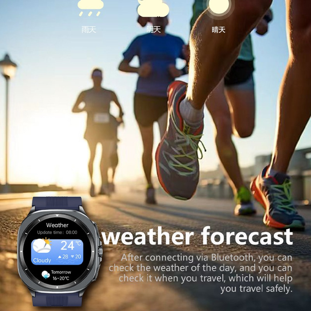 Smartwatch zeigt Wettervorhersage: 24°C, bewölkt, morgen 16-20°C. Läufer im Hintergrund.