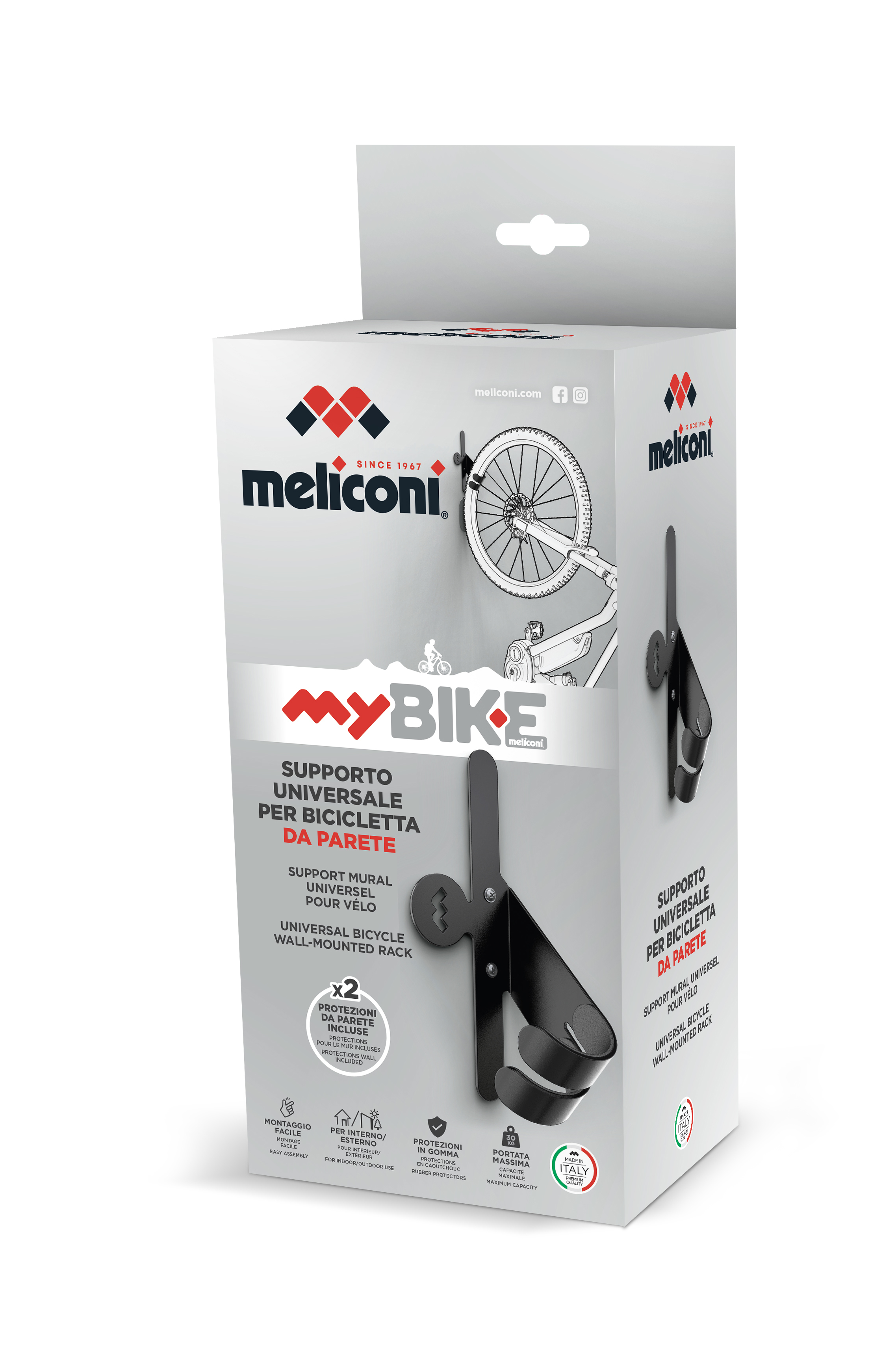 Verpackung eines schwarzen Fahrradwandhalters mit italienischer Aufschrift.