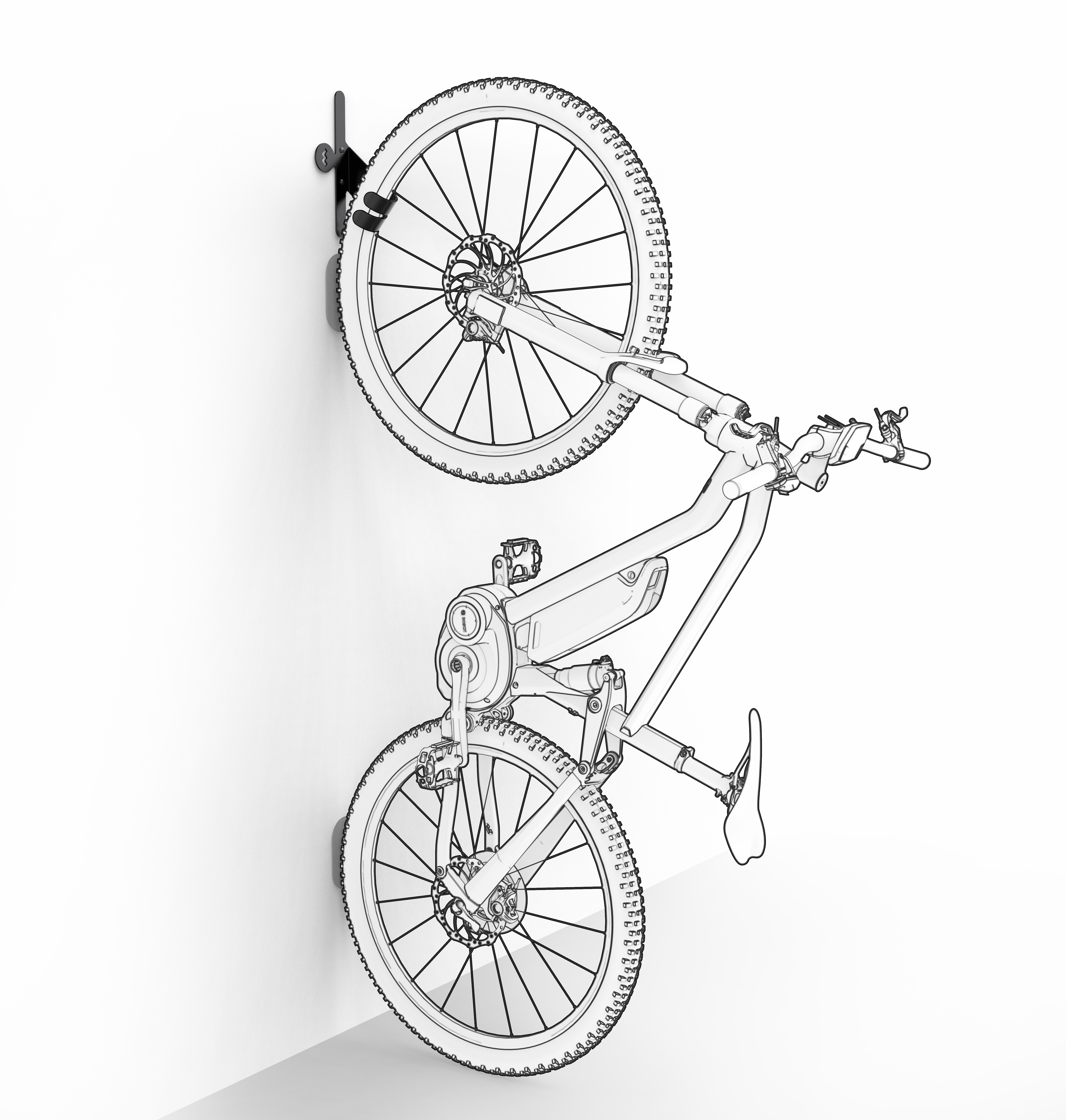 Ein E-Bike hängt an einer Wandhalterung, von der Seite gezeigt.