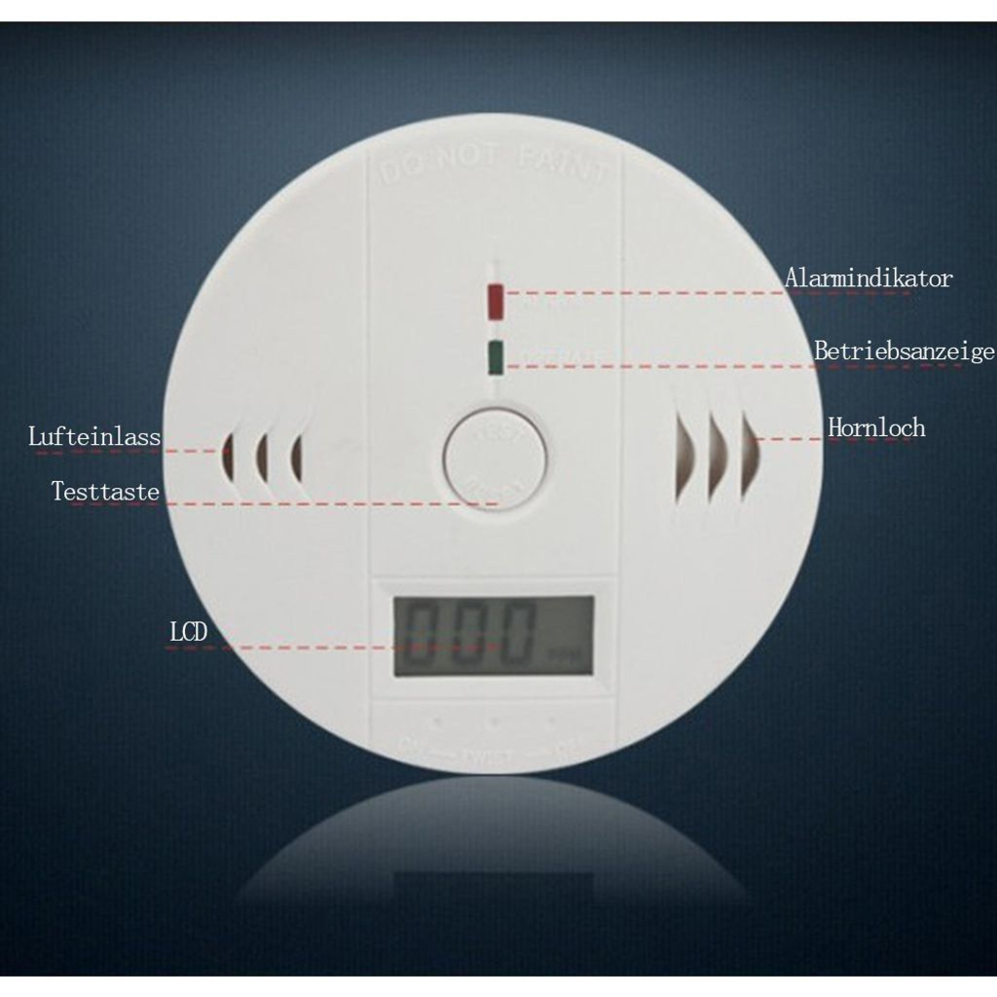 Ein weißer Rauchmelder mit LCD-Anzeige und Beschriftungen.