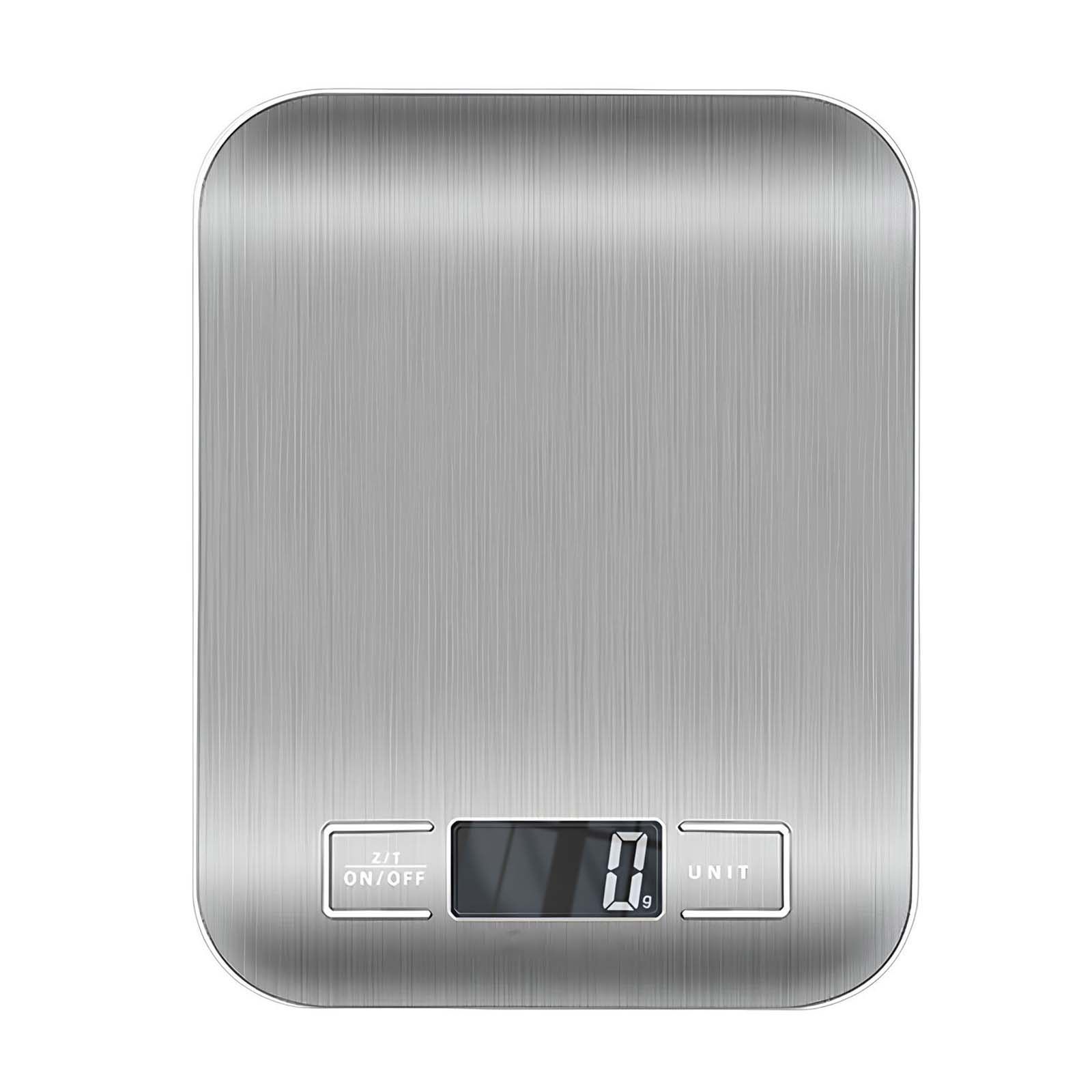 Eine digitale Küchenwaage aus gebürstetem Metall mit einer Anzeige von 0.