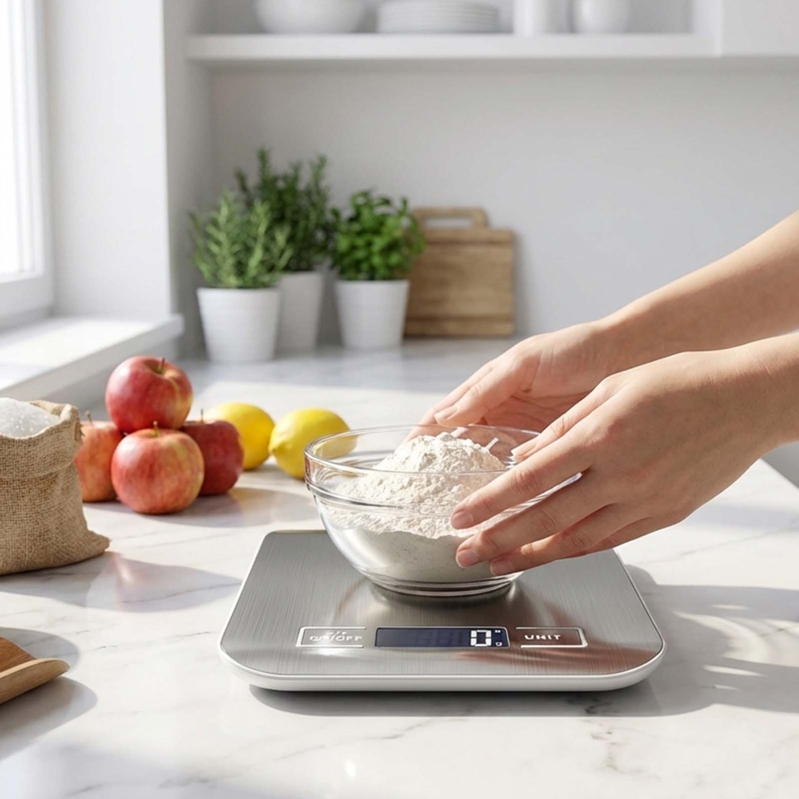 Hände legen eine Schüssel mit Mehl auf eine digitale Küchenwaage neben Äpfeln und Zitronen.