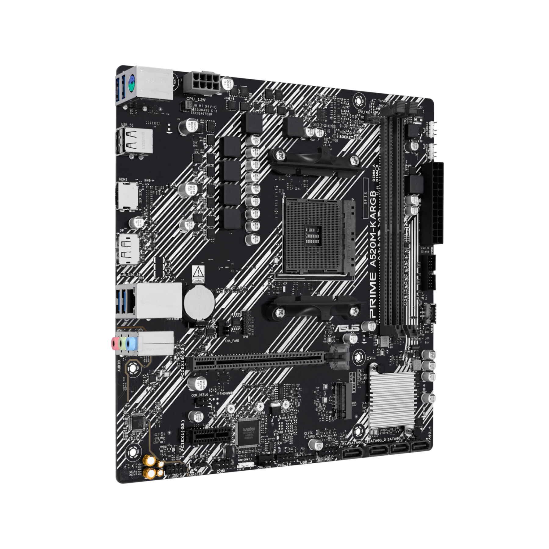 Schwarzes Motherboard mit silbernen Streifen, CPU-Sockel, RAM-Steckplätzen und Anschlüssen.