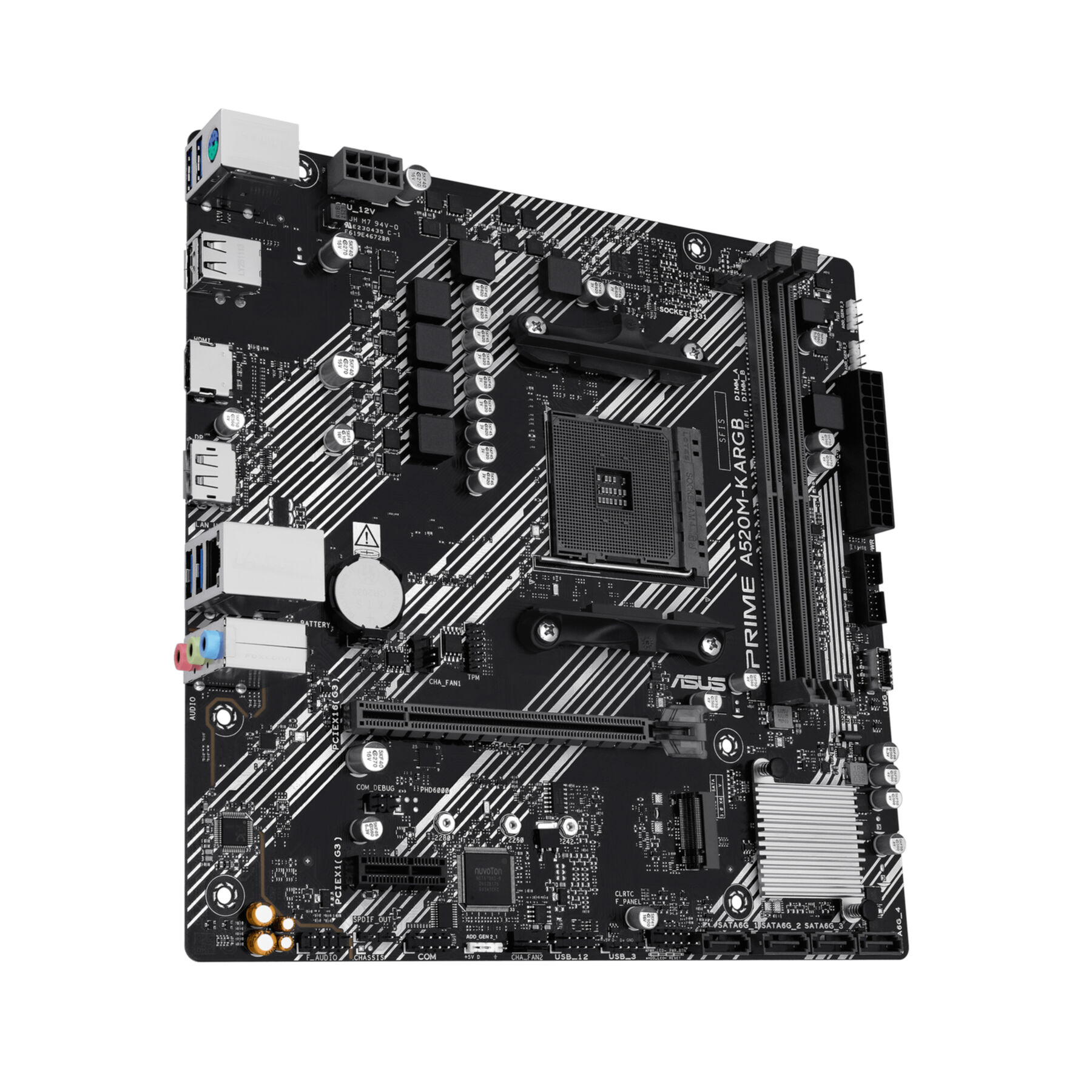 Eine schwarze ASUS Prime A520M-K ARGB-Motherboard-Platine mit Anschlüssen.