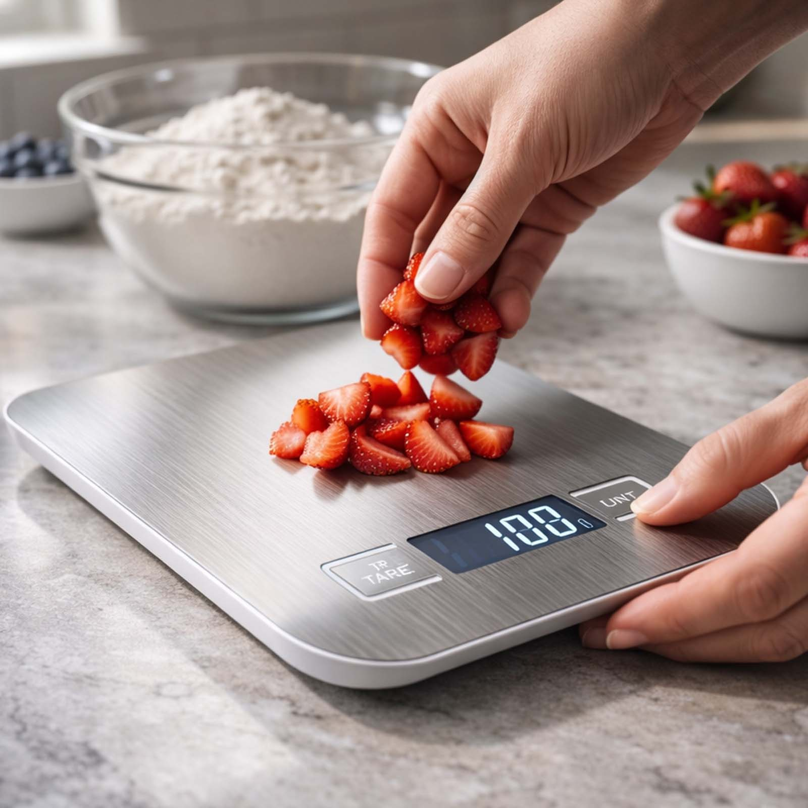 Hände legen Erdbeerstücke auf eine digitale Küchenwaage mit 100g Anzeige.