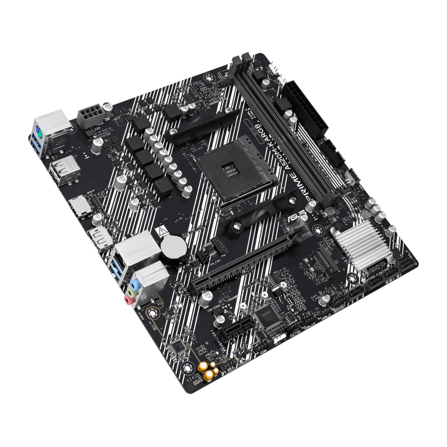 Ein schwarzes Computer-Motherboard mit silbernen Akzenten und Anschlüssen.
