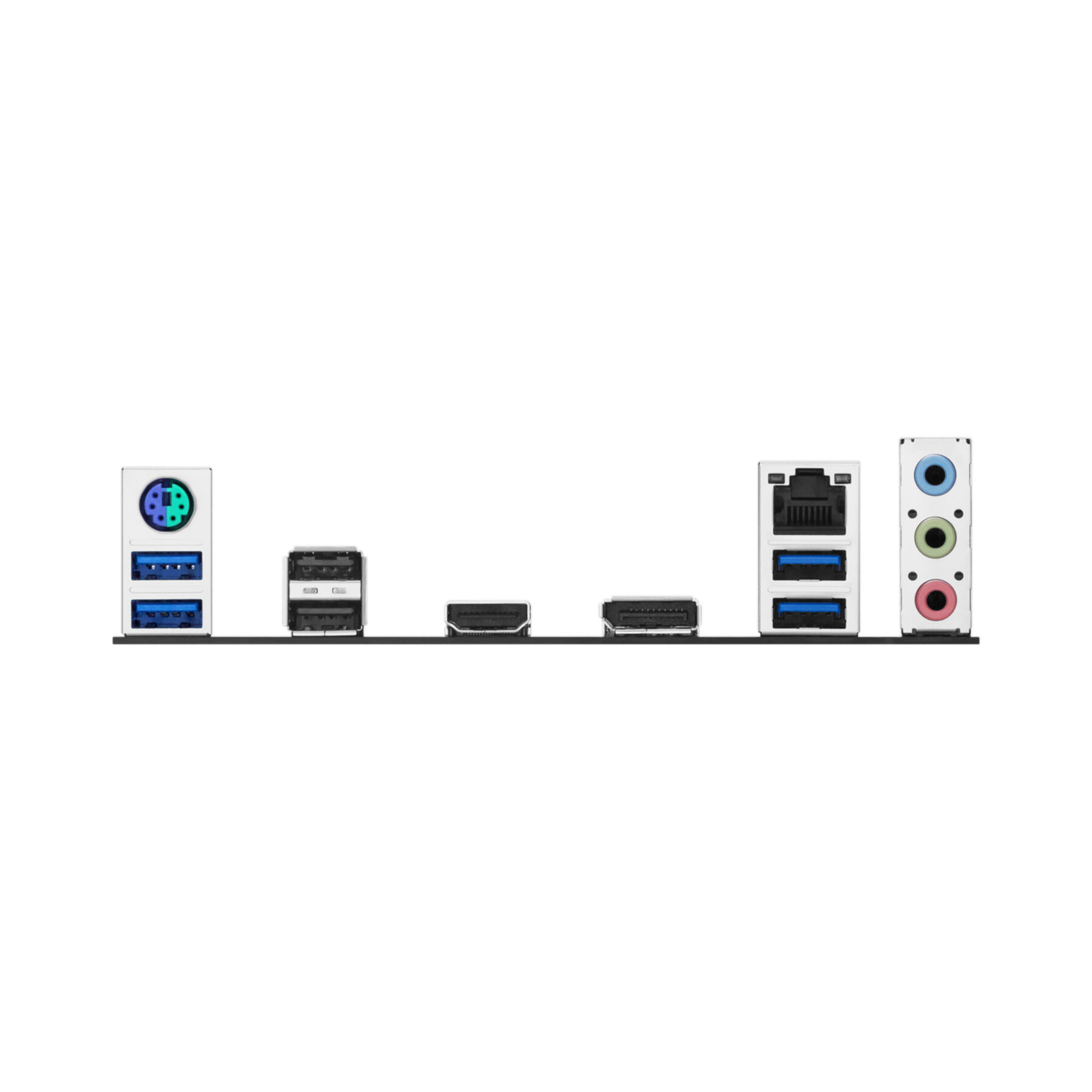 Anschlussleiste mit USB-, LAN-, HDMI- und Audioanschlüssen auf weißem Hintergrund.