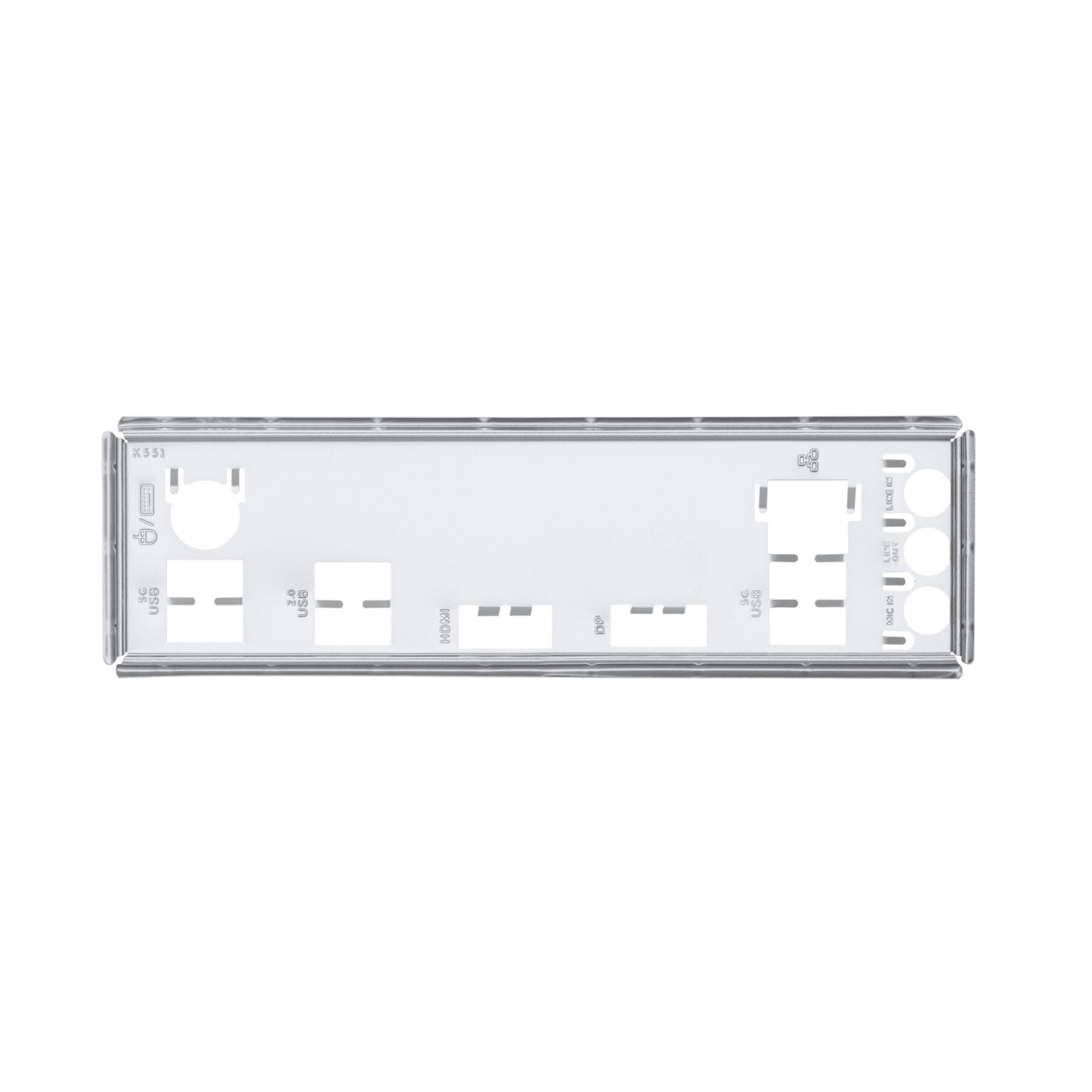 Rückseite des Motherboards mit USB-, HDMI-, DP-Anschlüssen und Audiobuchsen. Modell K551.