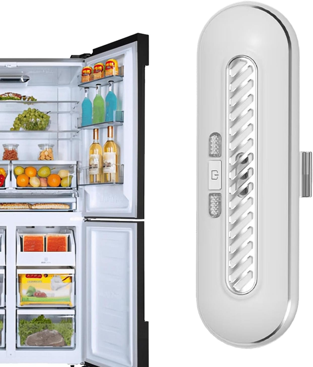 Ein offener Kühlschrank mit Lebensmitteln und daneben ein weißes Gerät.
