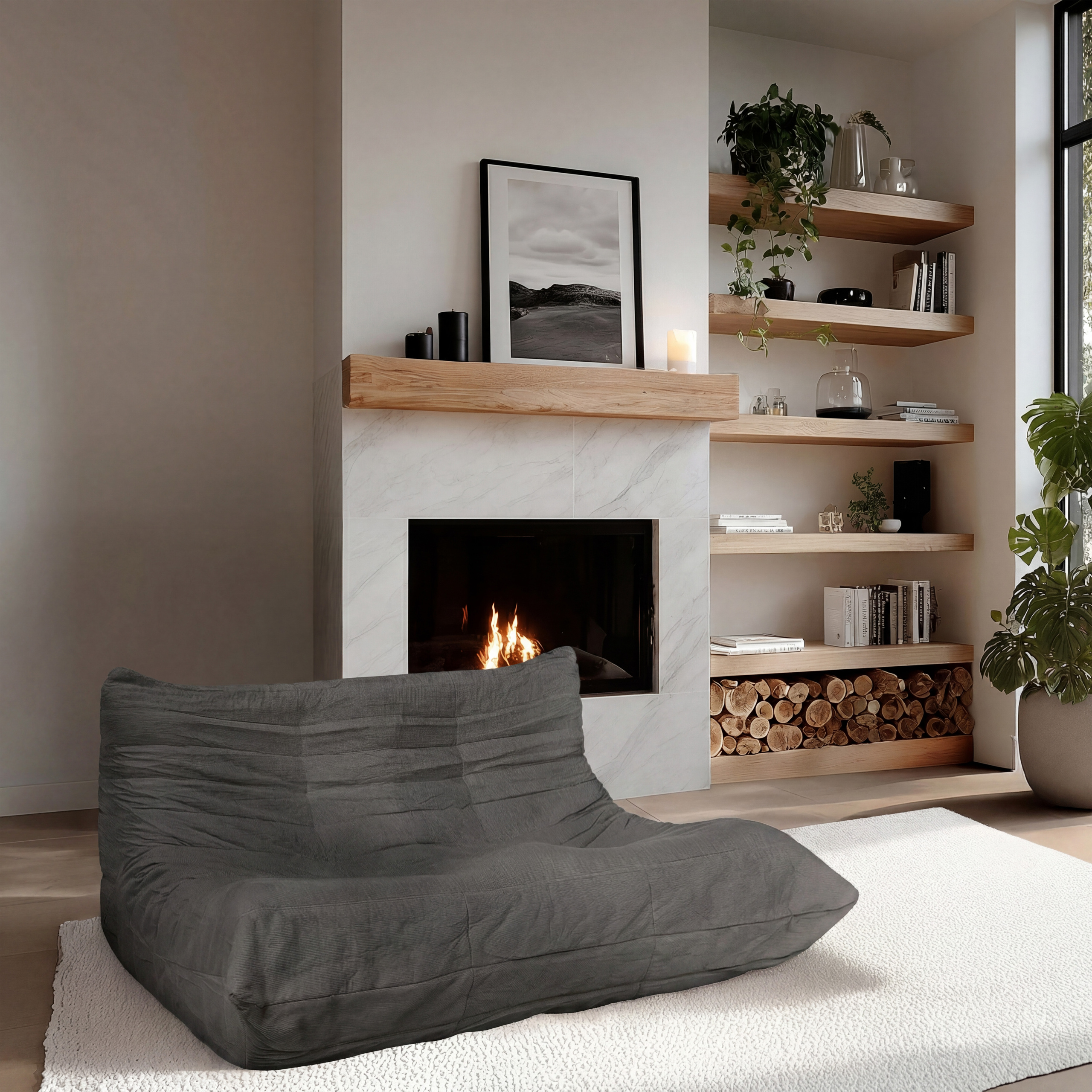 Ein graues Sitzkissen vor einem Kamin mit brennendem Feuer. Regale mit Büchern und Holz.