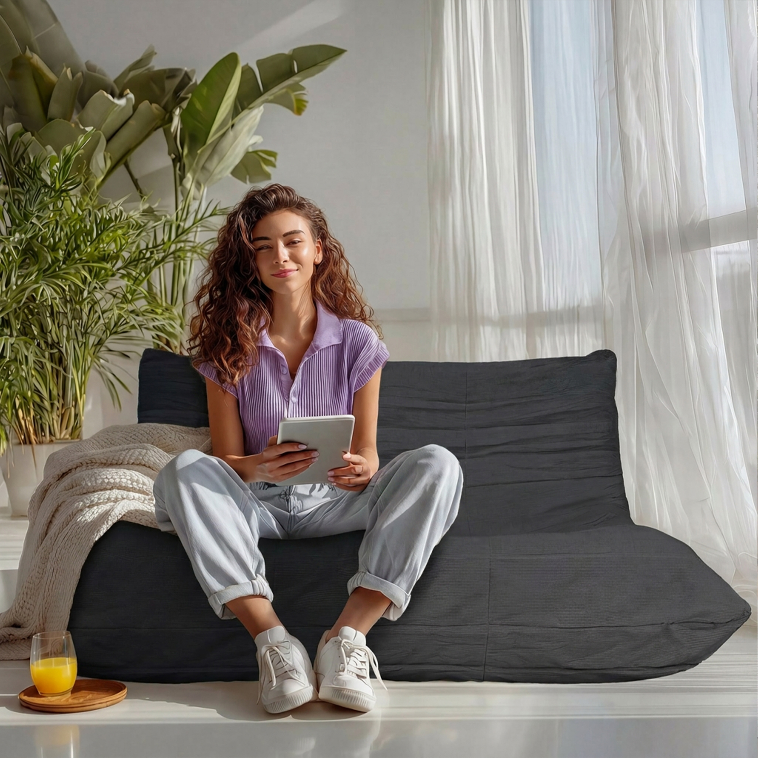 Frau mit Locken sitzt auf einem dunklen Sofa mit einem Tablet in der Hand.