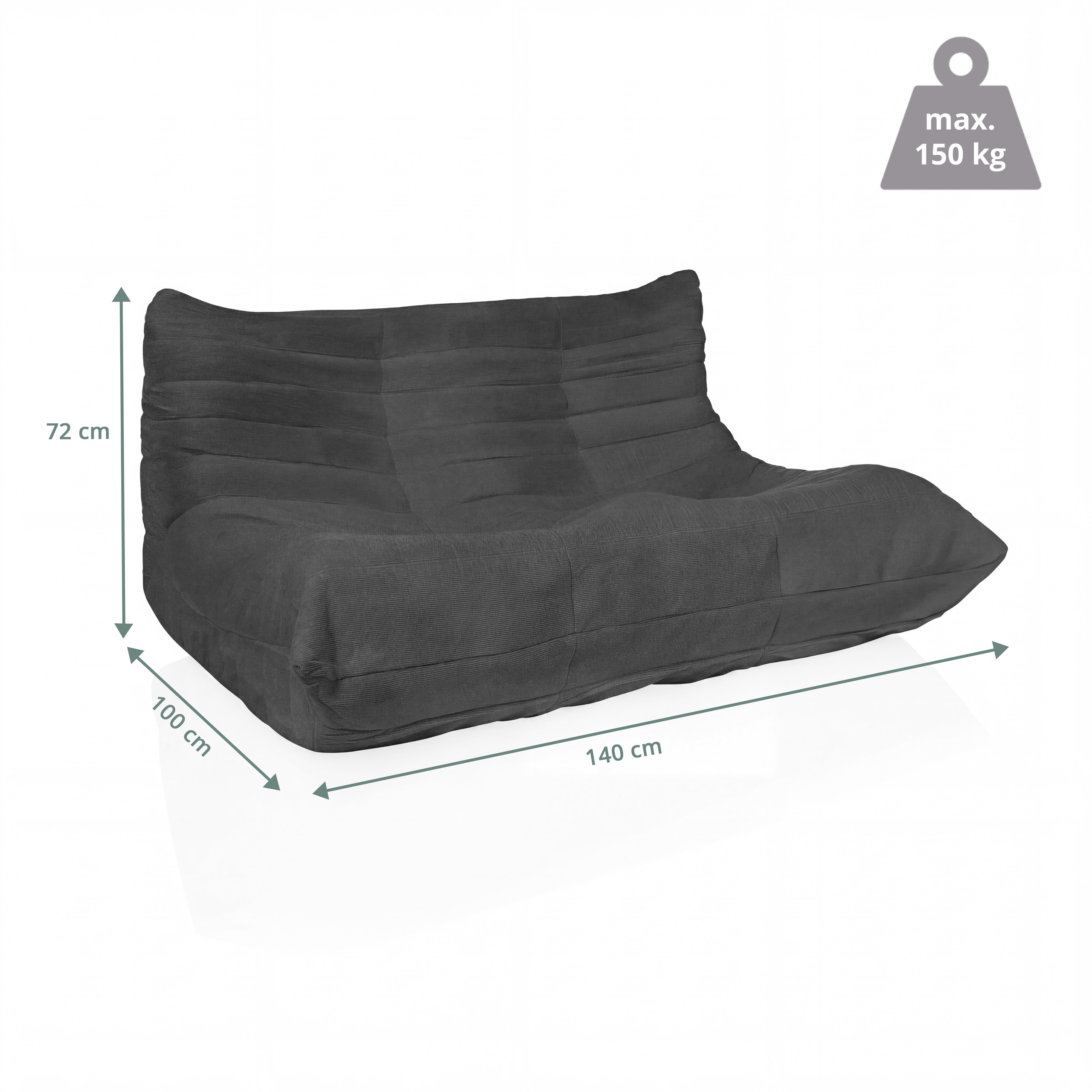 Ein graues Sitzsack-Sofa mit den Maßen 140x100x72cm und einer maximalen Traglast von 150kg.