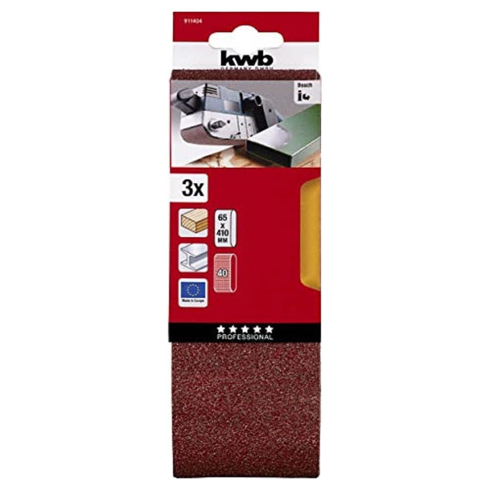 KWB Schleifbandverpackung mit 3 Stück, 65x410 mm, 40 Körnung. Zeigt Schleifmaschine.