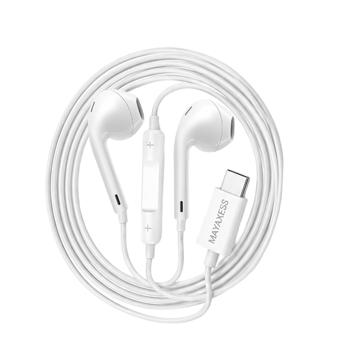 Auricolari bianchi in-ear con connettore USB-C e controlli in linea.