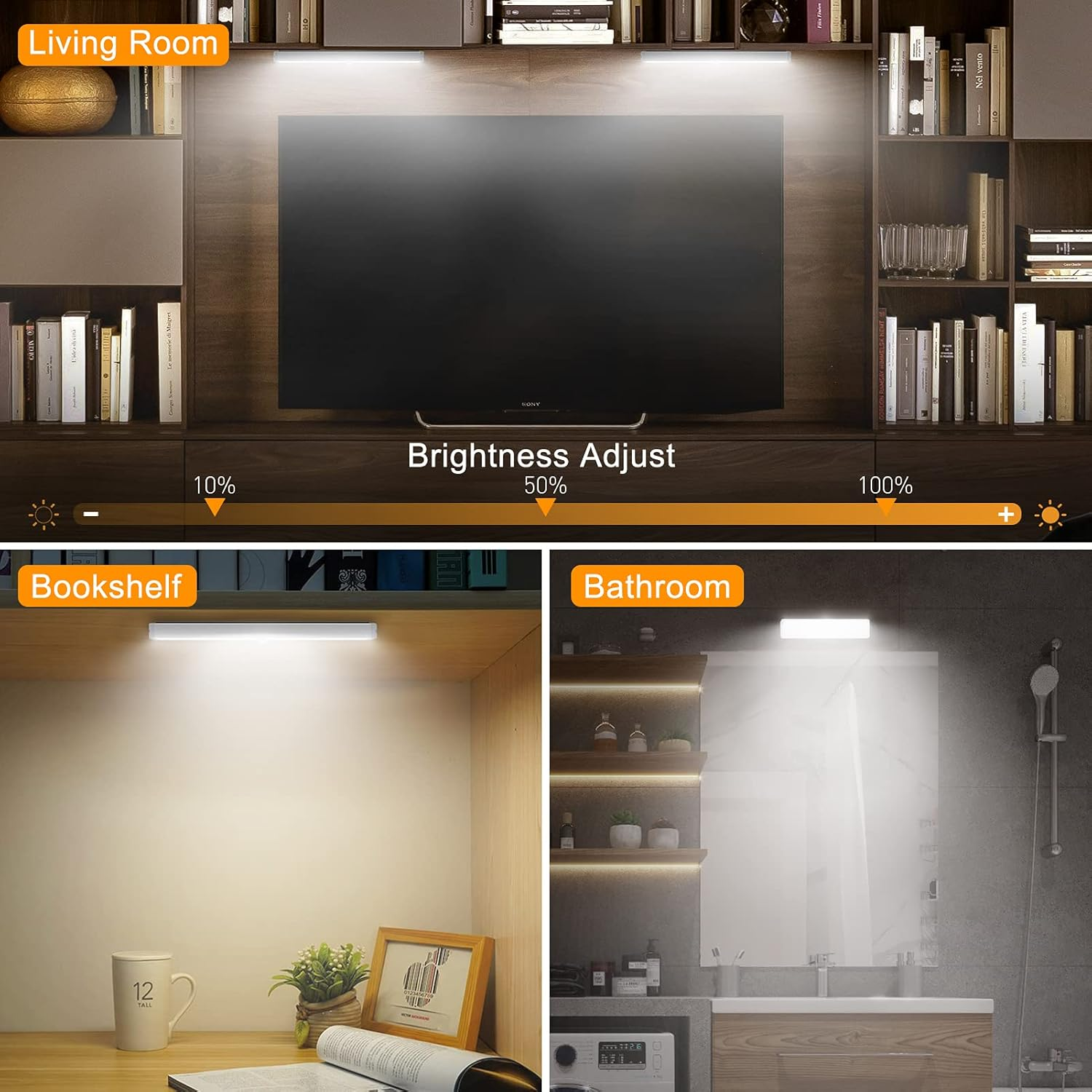 Ein Bild zeigt drei Szenen: Wohnzimmer mit Fernseher, Bücherregal mit Lampe, Badezimmer mit Spiegel.