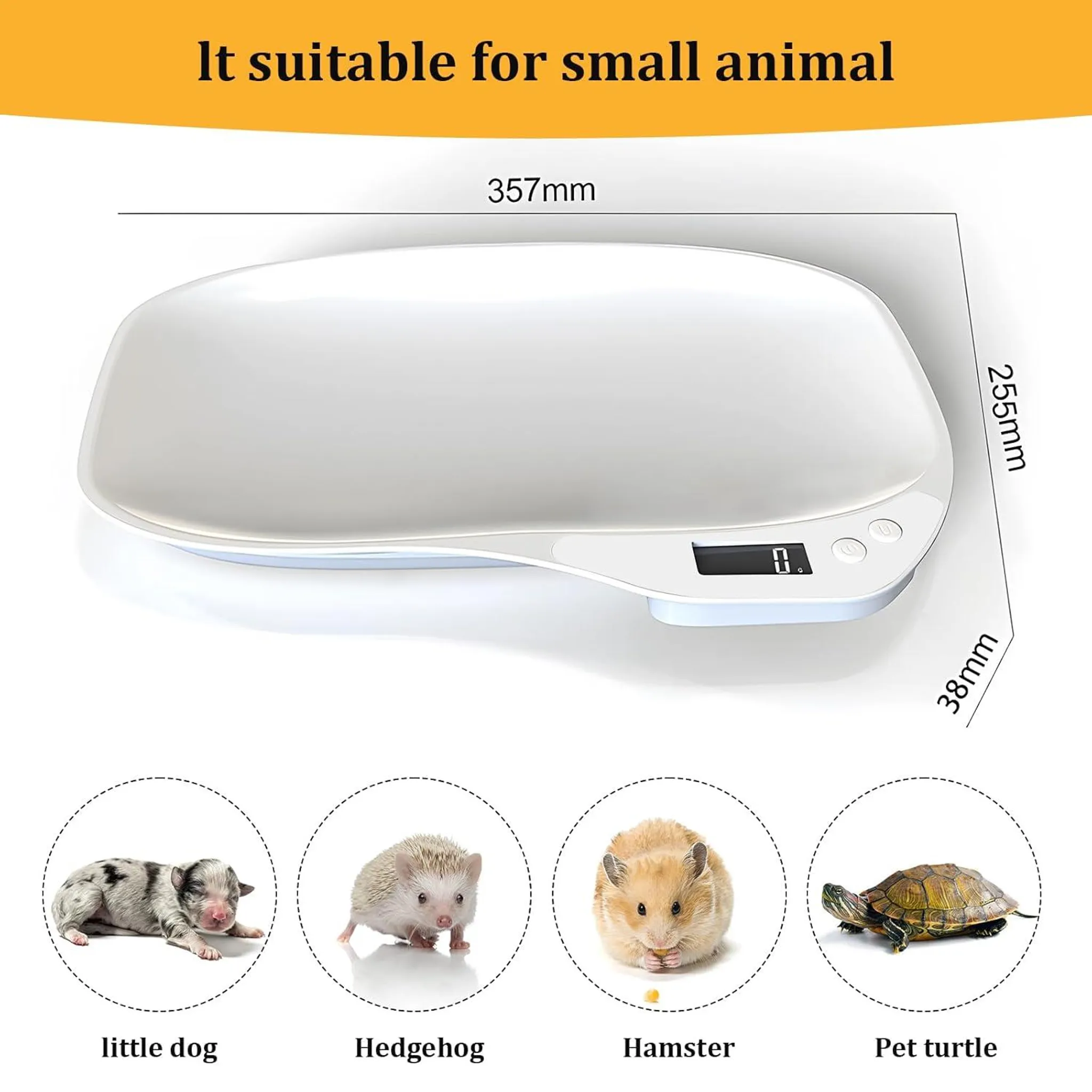 Eine weiße Waage mit Digitalanzeige und vier kleinen Tierbildern.
