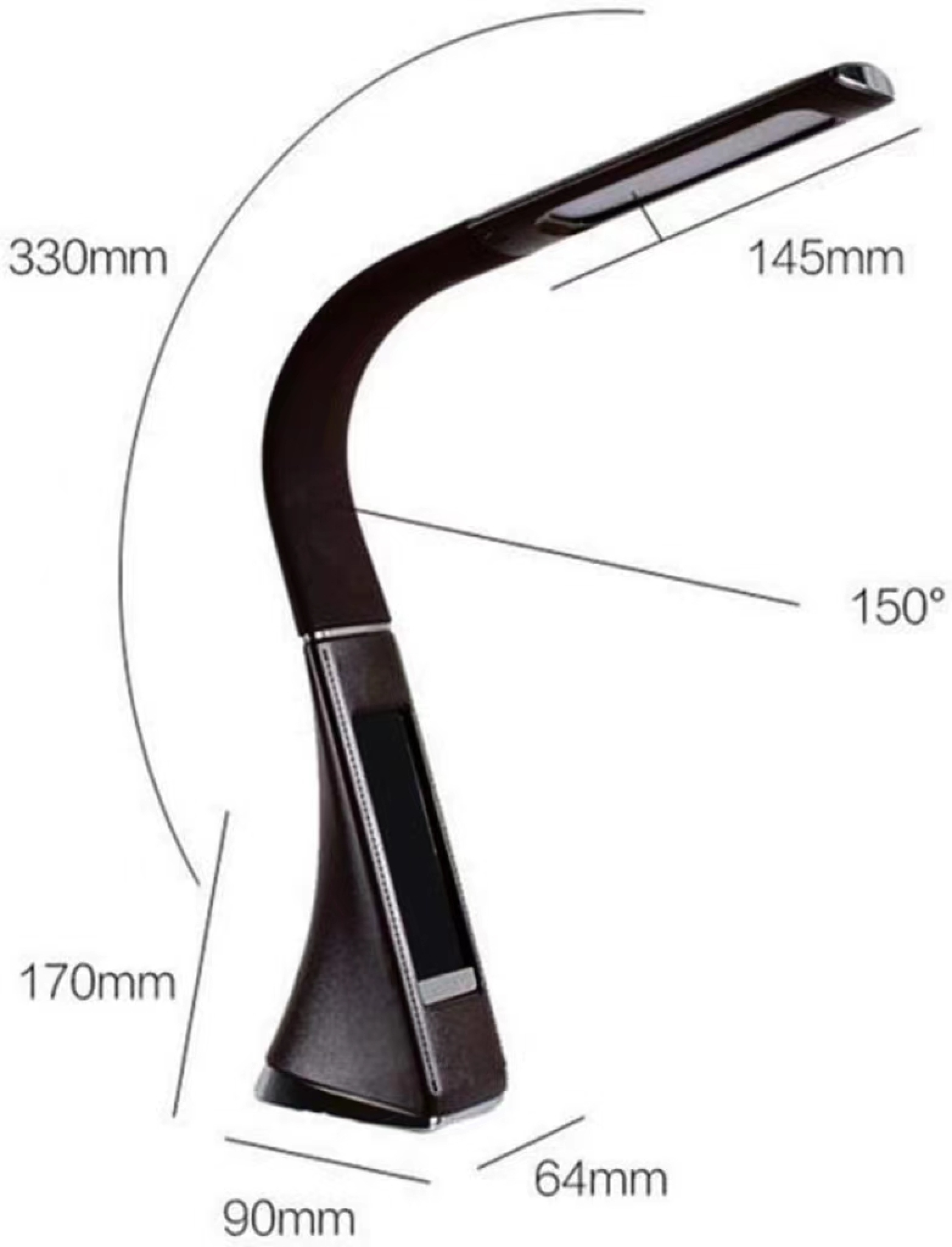 Eine dunkle Schreibtischlampe mit flexibler Halterung und Maßen.