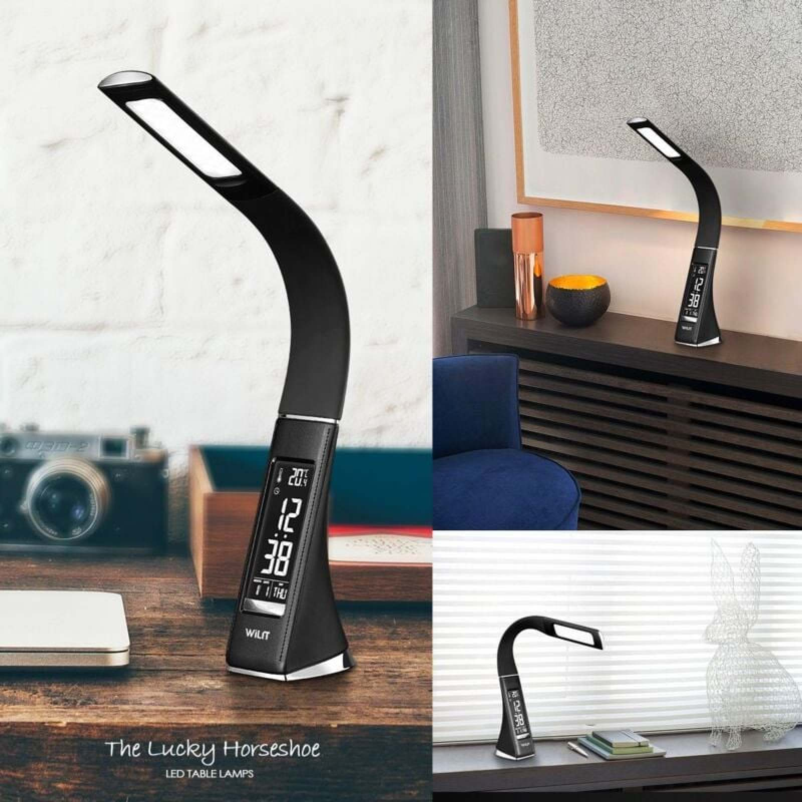 Eine schwarze LED-Schreibtischlampe mit digitaler Anzeige steht auf einem Holztisch.