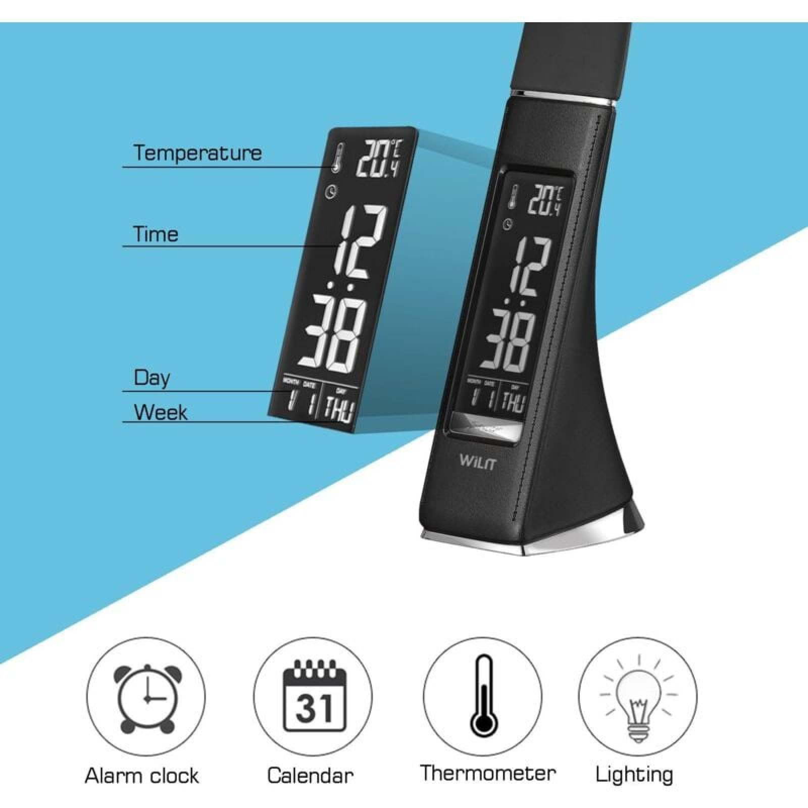 Ein schwarzes digitales Display zeigt Temperatur, Zeit und Datum an.