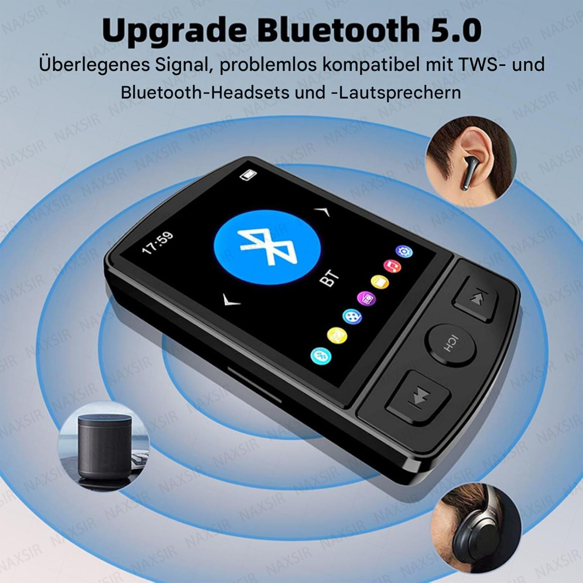 Ein schwarzer Bluetooth-Player mit Symbolen, Kopfhörern, Ohrstöpseln und Lautsprecher.