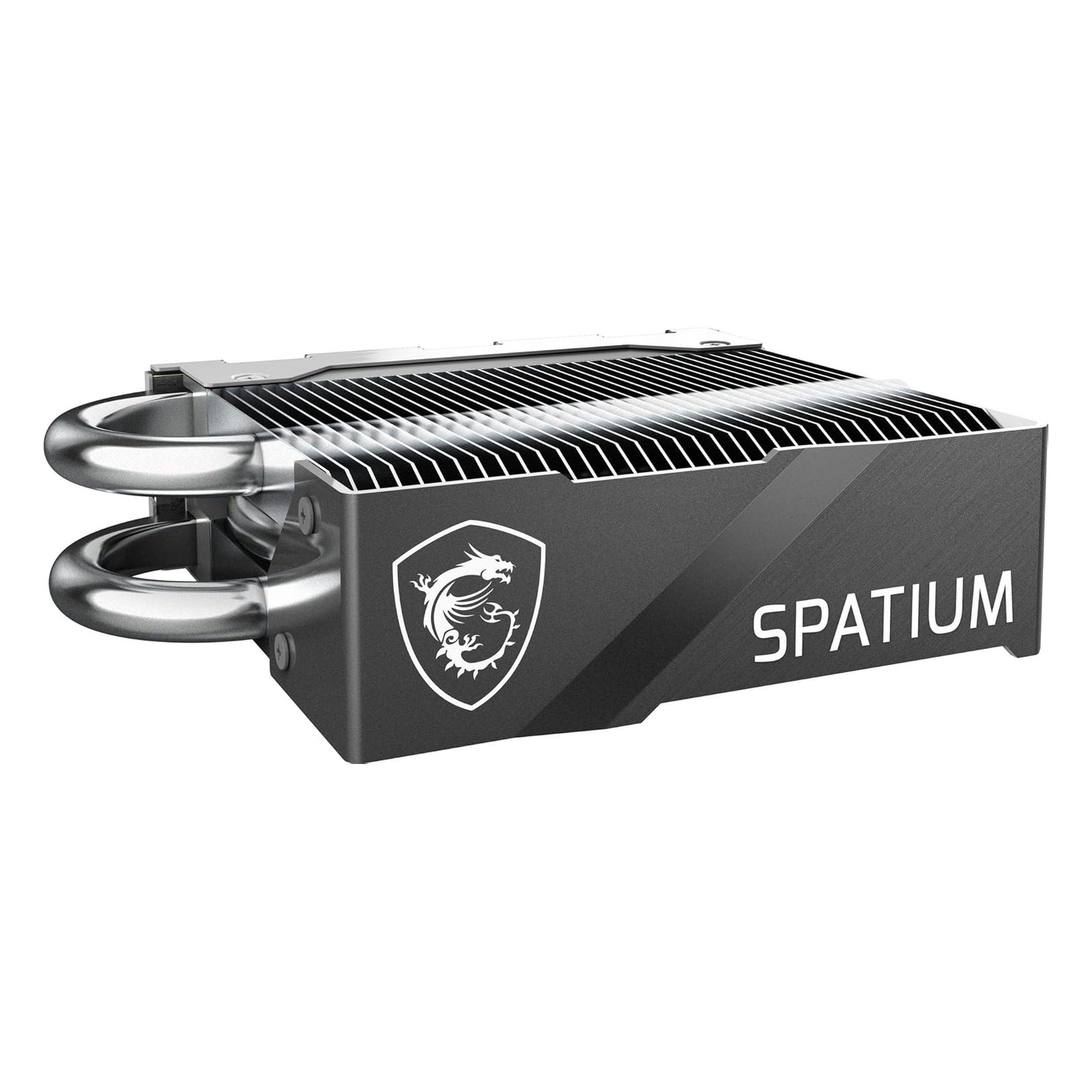 Srebrny radiator z czarnymi żeberkami i logo MSI.